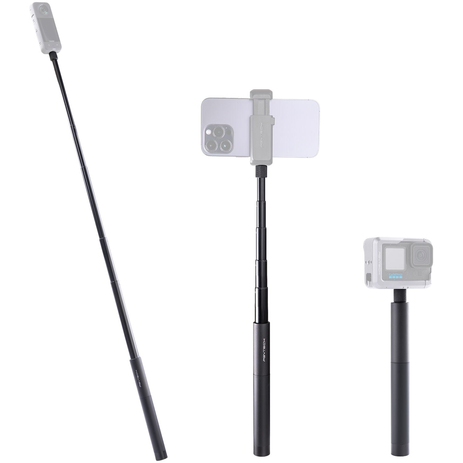 PGYTECH 96cm extendable selfie stick with lightweight aluminum alloy build, universal 1/4"-20 thread, 350g load capacity, and invisible design for Insta360 cameras.