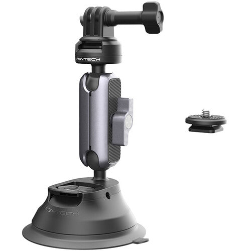 PGYTECH CapLock action camera suction cup mount with dual ball head for 360° rotation, strong suction grip, quick release system, and broad compatibility.