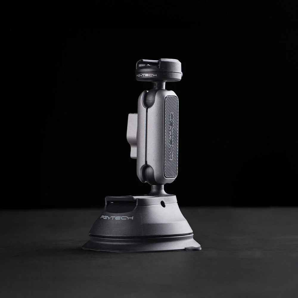 PGYTECH CapLock action camera suction cup mount with dual ball head for 360° rotation, strong suction grip, quick release system, and broad compatibility.