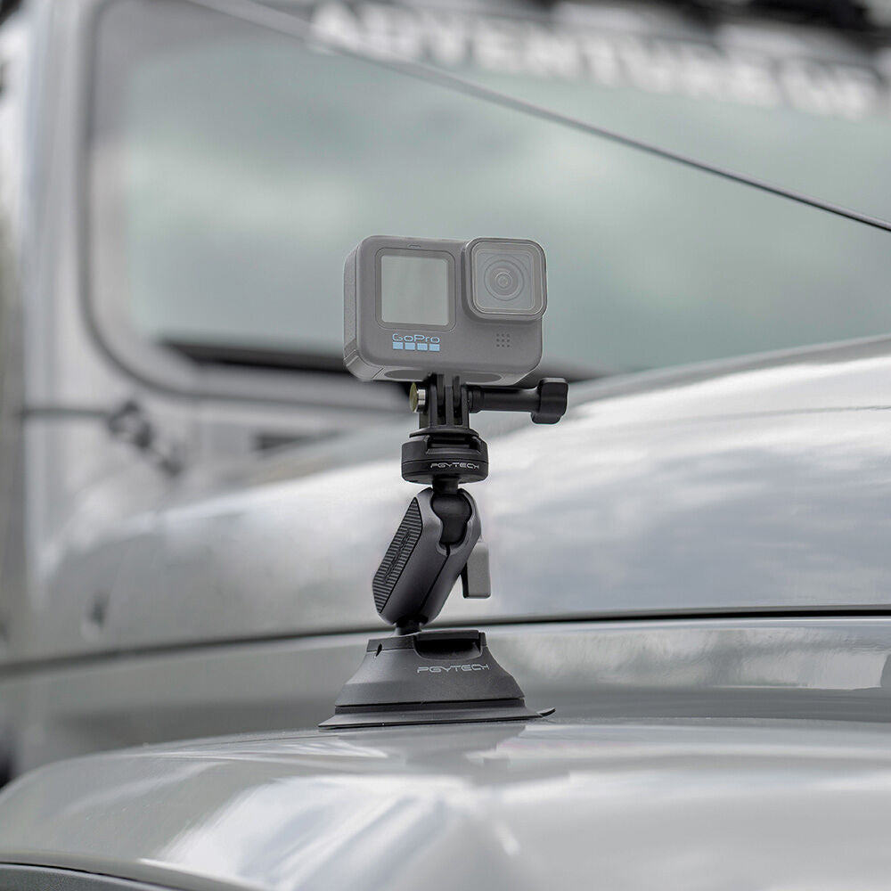 PGYTECH CapLock action camera suction cup mount with dual ball head for 360° rotation, strong suction grip, quick release system, and broad compatibility.