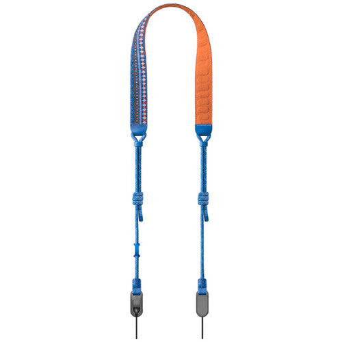 Blue and orange camera strap on a white background