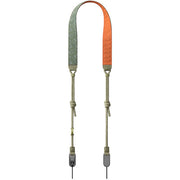 Camera strap with orange and green sections on a white background