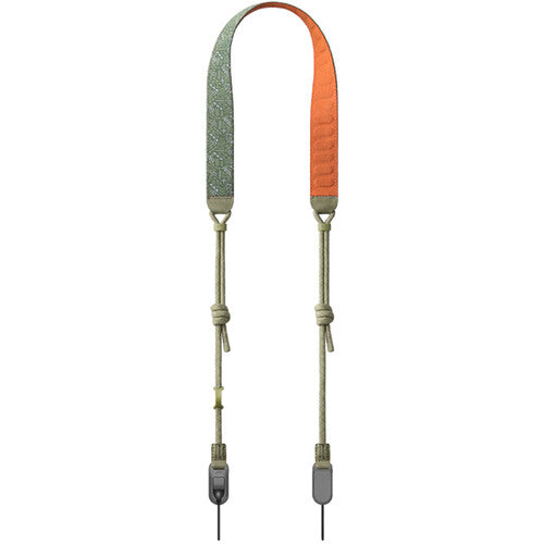 Camera strap with orange and green sections on a white background