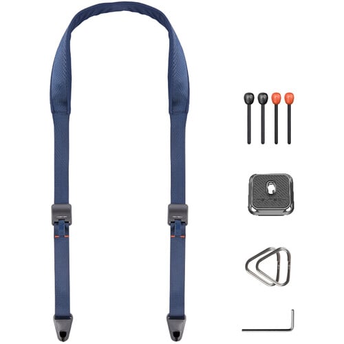 PGYTECH Camera Strap in Dark Blue featuring quick-release buckles, adjustable length, and padded shoulder support for DSLR and mirrorless cameras.