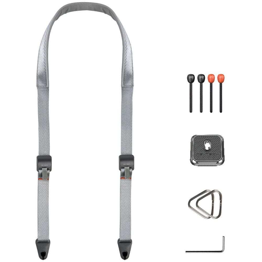 PGYTECH Camera Strap in Rock Grey featuring padded shoulder support, quick-release buckles, and adjustable length for DSLR and mirrorless cameras.