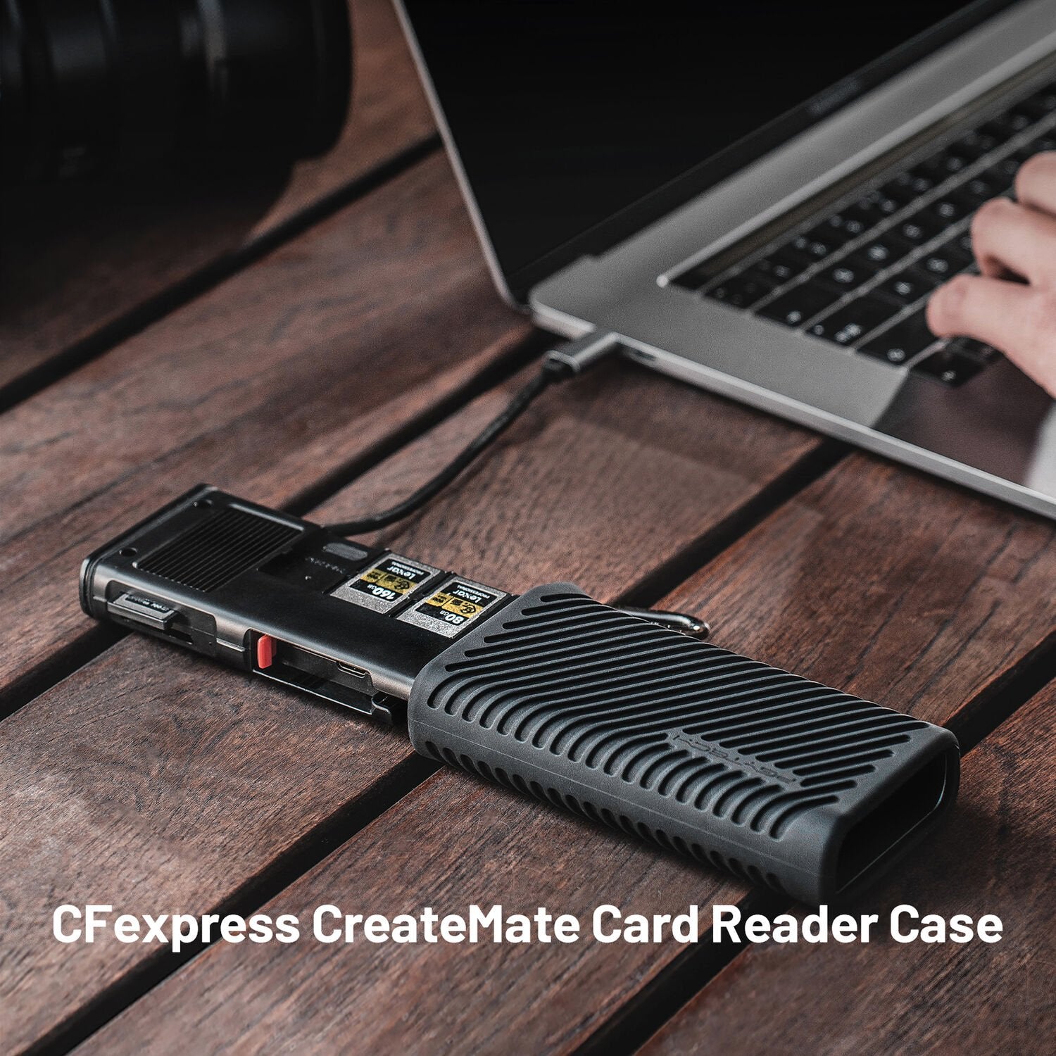 PGYTECH CreateMate CFexpress Type A/SD Card Reader Case in black, combining storage and fast USB-C card reading.