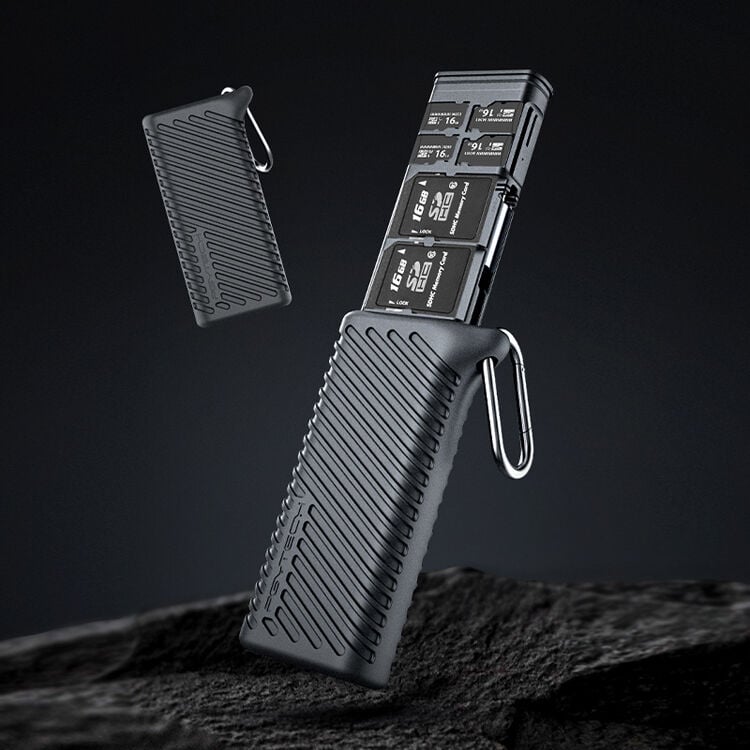 Transport memory cards and transfer data all from one card reader case. Ideal for photographers seeking convenience on the go. 