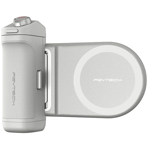 PGYTECH MagCam Phone Grip in grey with modular design including wireless charging, Bluetooth remote, ergonomic camera grip, and 3000mAh power bank.