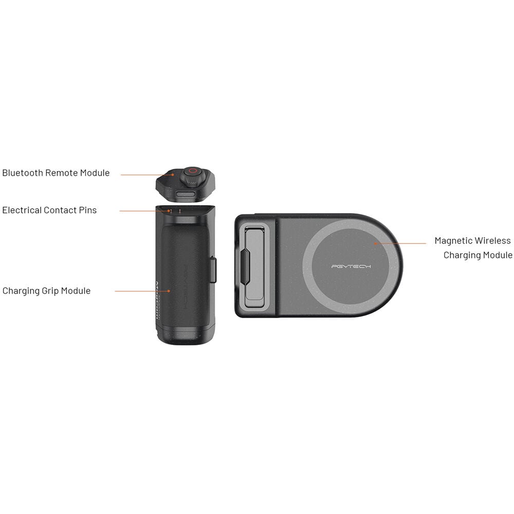 PGYTECH MagCam Phone Grip in grey with modular design including wireless charging, Bluetooth remote, ergonomic camera grip, and 3000mAh power bank.