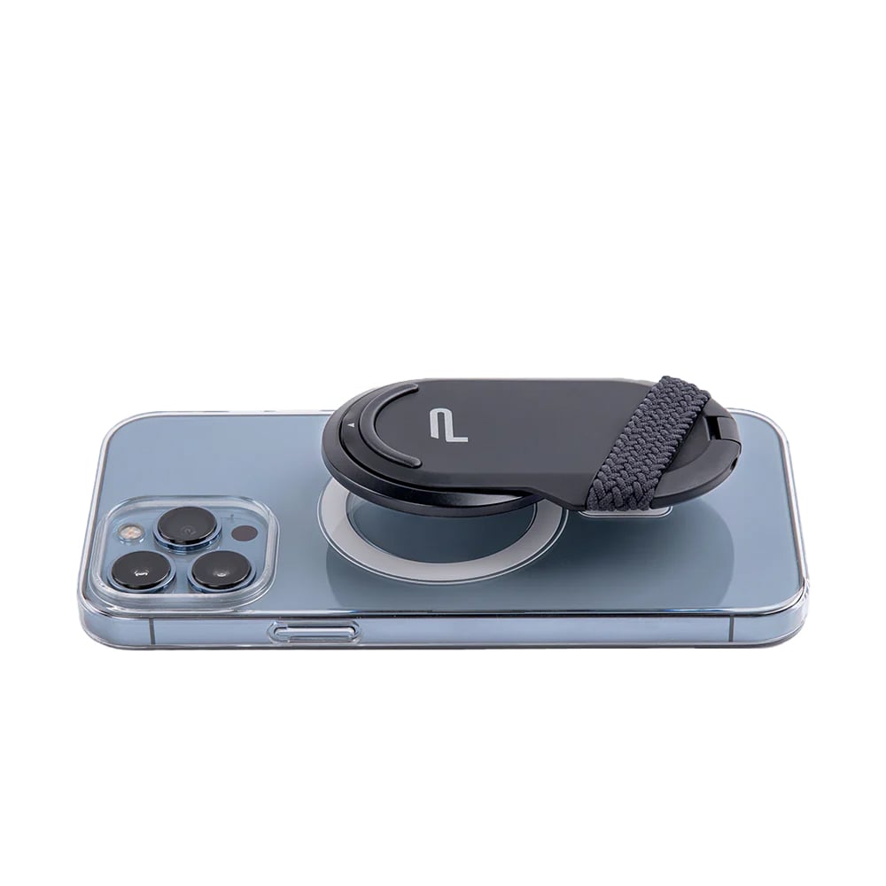 PGYTECH MagFlex Phone Photography Stand in black with ultra-slim 6.1mm design, strong magnetic ring compatible with MagSafe, infinite rotating shaft, and extendable handle for shooting.