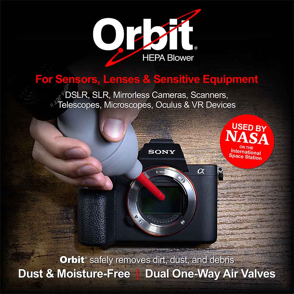 Orbit HEPA Blower being used on a Sony camera with text highlighting its uses and features.