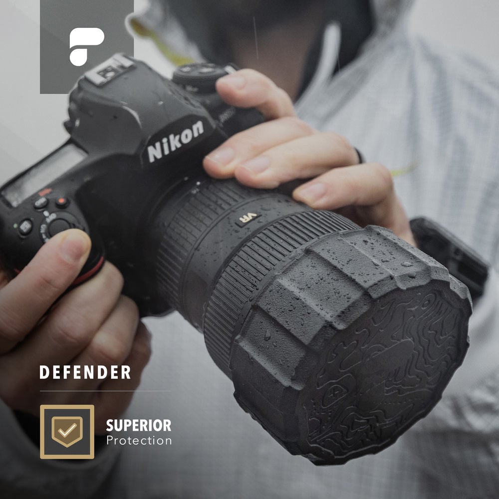 PolarPro 67-72mm Defender lens cover, protective rubber cap for camera lenses.