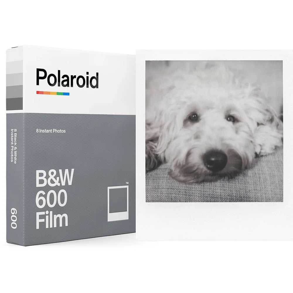 Polaroid B&W 600 Film packaging with a photo of a dog on a white background
