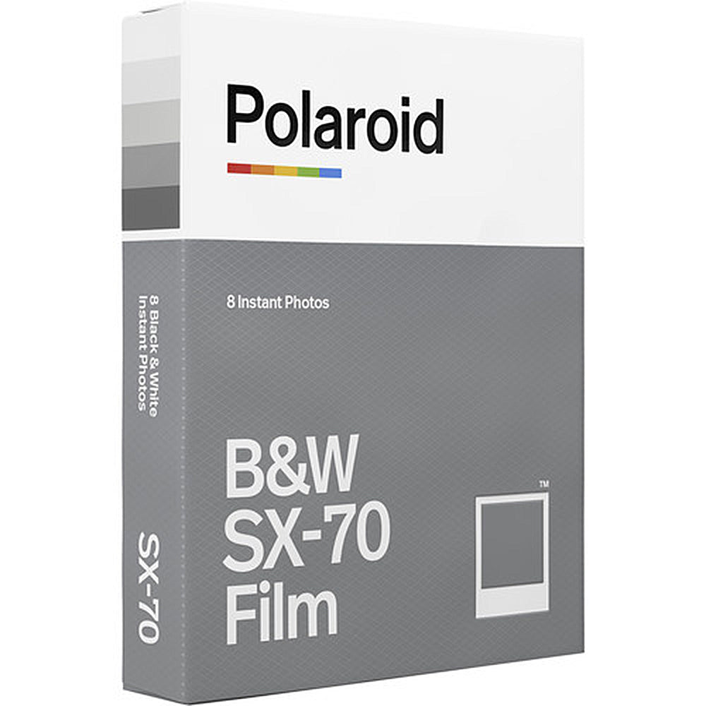 Polaroid Black & White SX-70 Instant Film pack with 8 exposures, ISO 160, 79mm x 79mm image area, classic white frame, featuring rich blacks and bright whites with glossy finish.