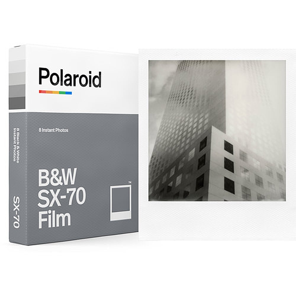 Polaroid Black & White SX-70 Instant Film pack with 8 exposures, ISO 160, 79mm x 79mm image area, classic white frame, featuring rich blacks and bright whites with glossy finish.