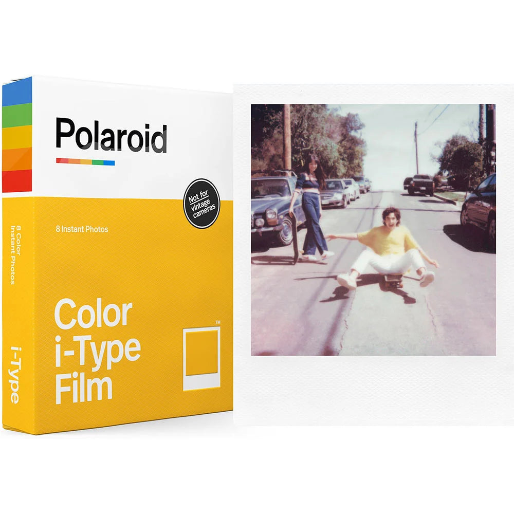 Polaroid Color i-Type Film box with a vintage-style photo of a person on a skateboard.
