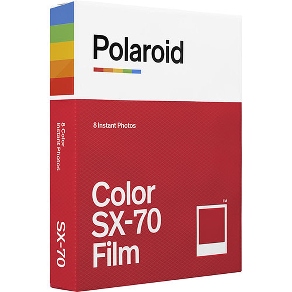 Polaroid Colour SX-70 Instant Film pack with 8 exposures, featuring ISO 160, 79mm x 79mm image area, classic white frames, and rich color with fine grain.