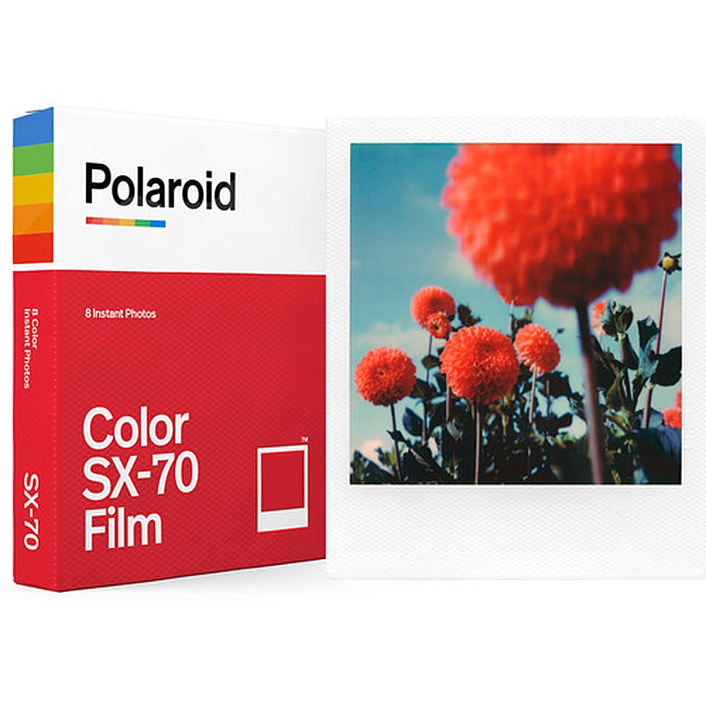 Polaroid Colour SX-70 Instant Film pack with 8 exposures, featuring ISO 160, 79mm x 79mm image area, classic white frames, and rich color with fine grain.