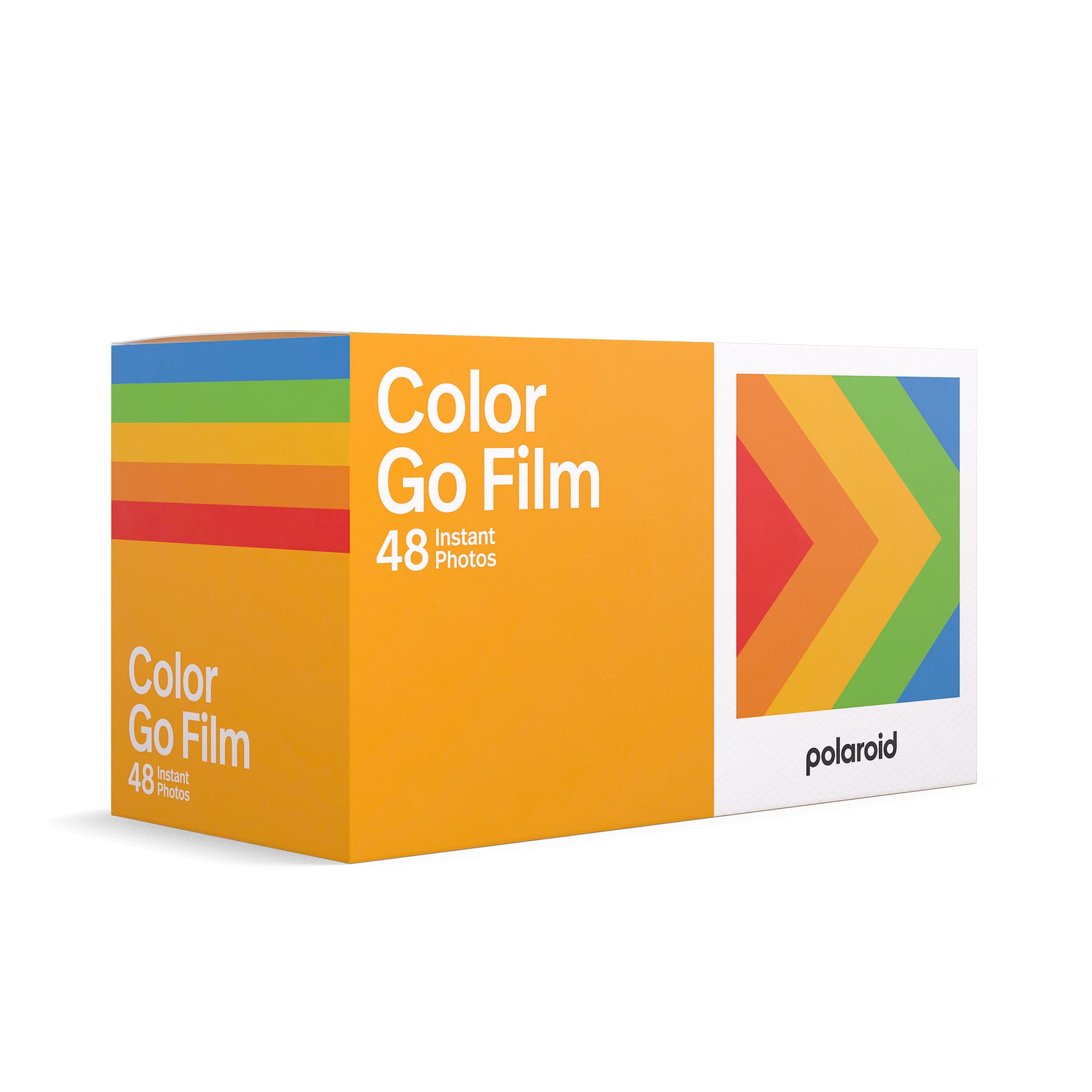 Polaroid Go Colour Film 48 exposures pack with 3 double packs, glossy white frames, ISO 640, 66.6 x 53.9mm format, and 10-15 minutes development time for Polaroid Go camera.