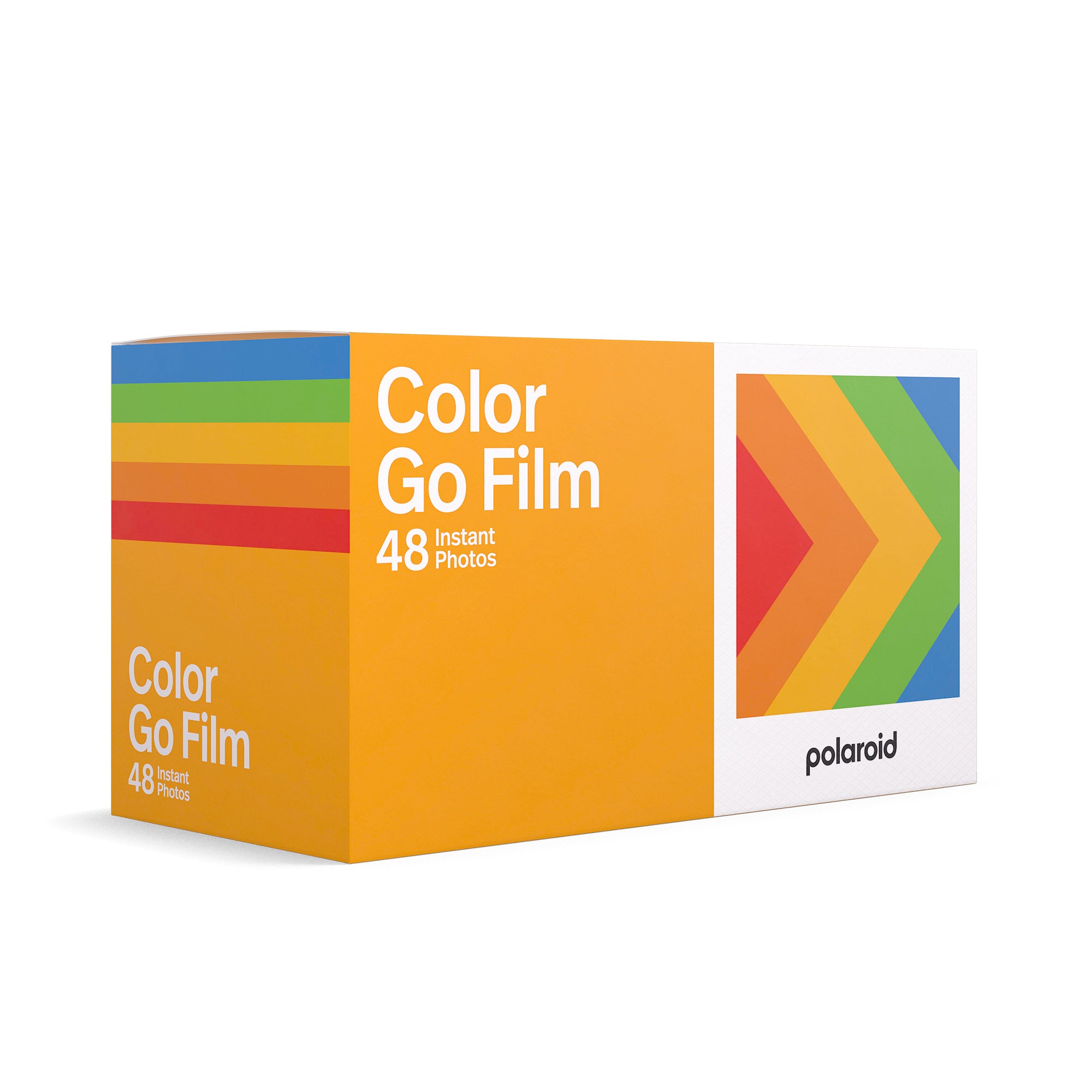 Polaroid Go Colour Film 48 exposures pack with 3 double packs, glossy white frames, ISO 640, 66.6 x 53.9mm format, and 10-15 minutes development time for Polaroid Go camera.