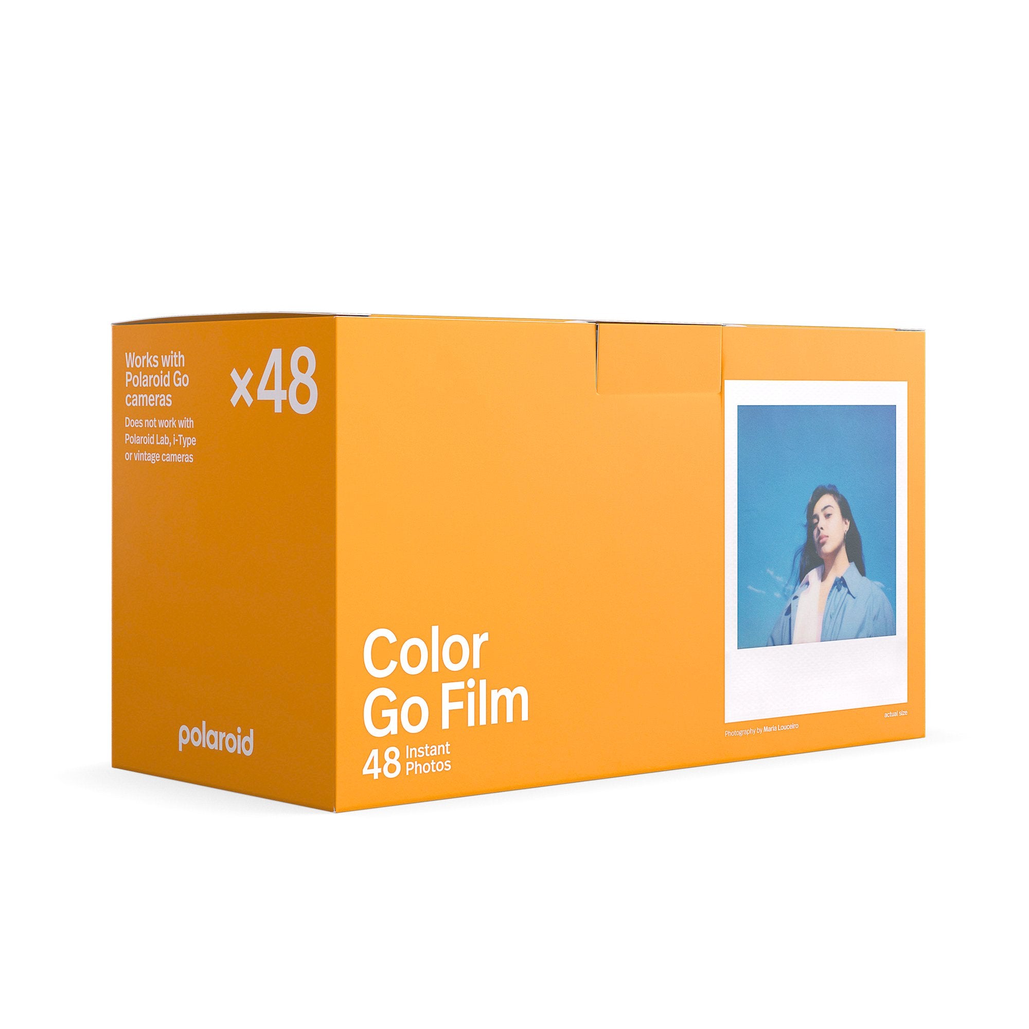 Polaroid Go Colour Film 48 exposures pack with 3 double packs, glossy white frames, ISO 640, 66.6 x 53.9mm format, and 10-15 minutes development time for Polaroid Go camera.
