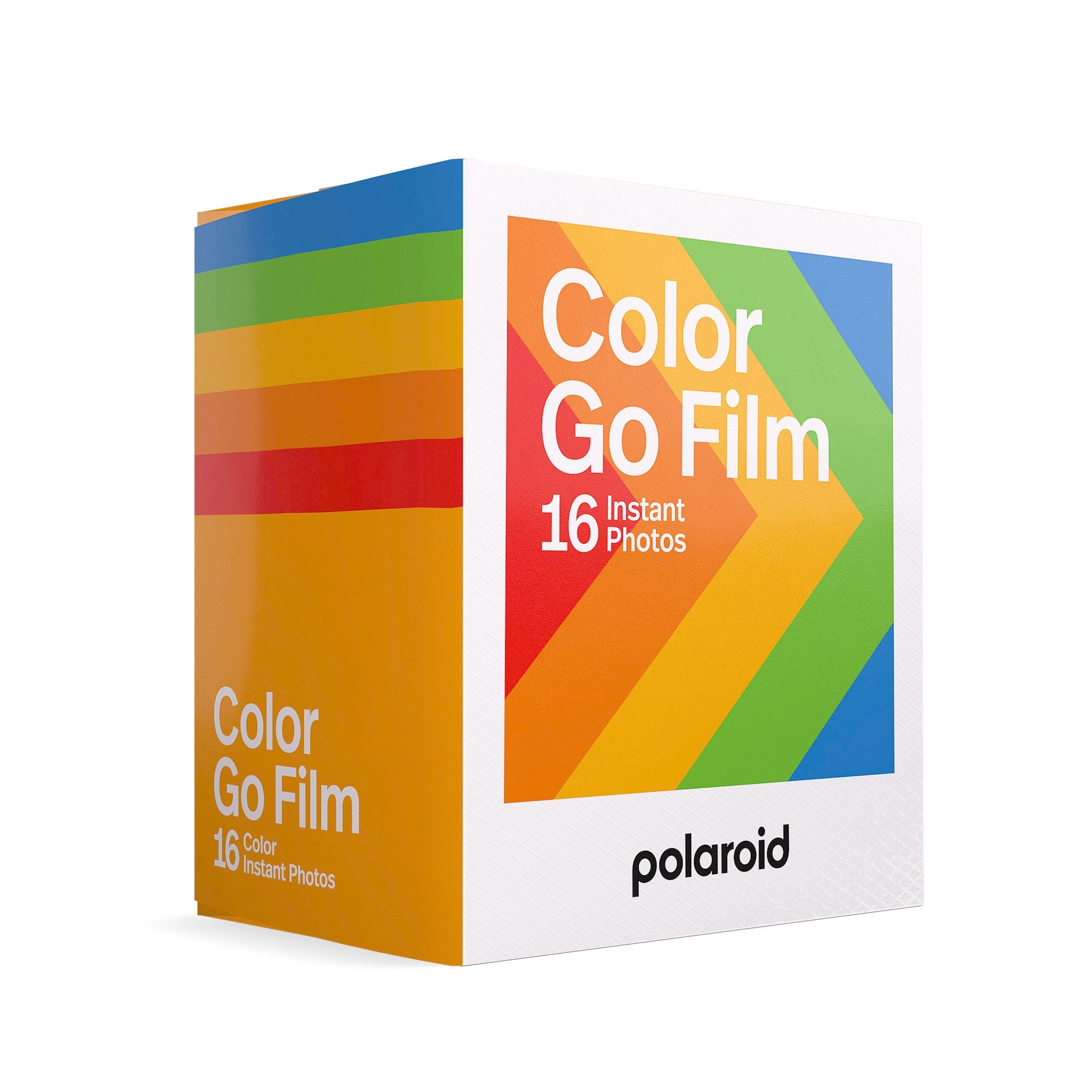 Polaroid Go Colour Film Double Pack with 16 instant color photos, glossy white frames, ISO 640, 66.6 x 53.9mm format, and 10-15 minutes development time for Polaroid Go camera.