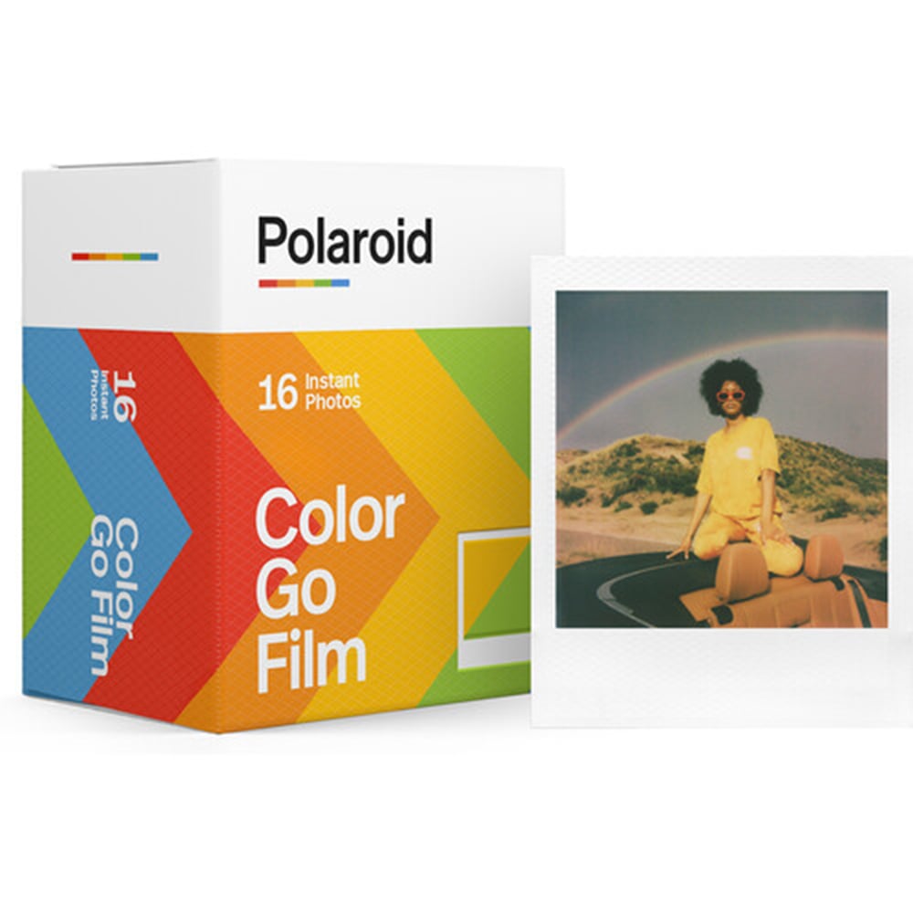 Polaroid Go Colour Film Double Pack with 16 instant color photos, glossy white frames, ISO 640, 66.6 x 53.9mm format, and 10-15 minutes development time for Polaroid Go camera.