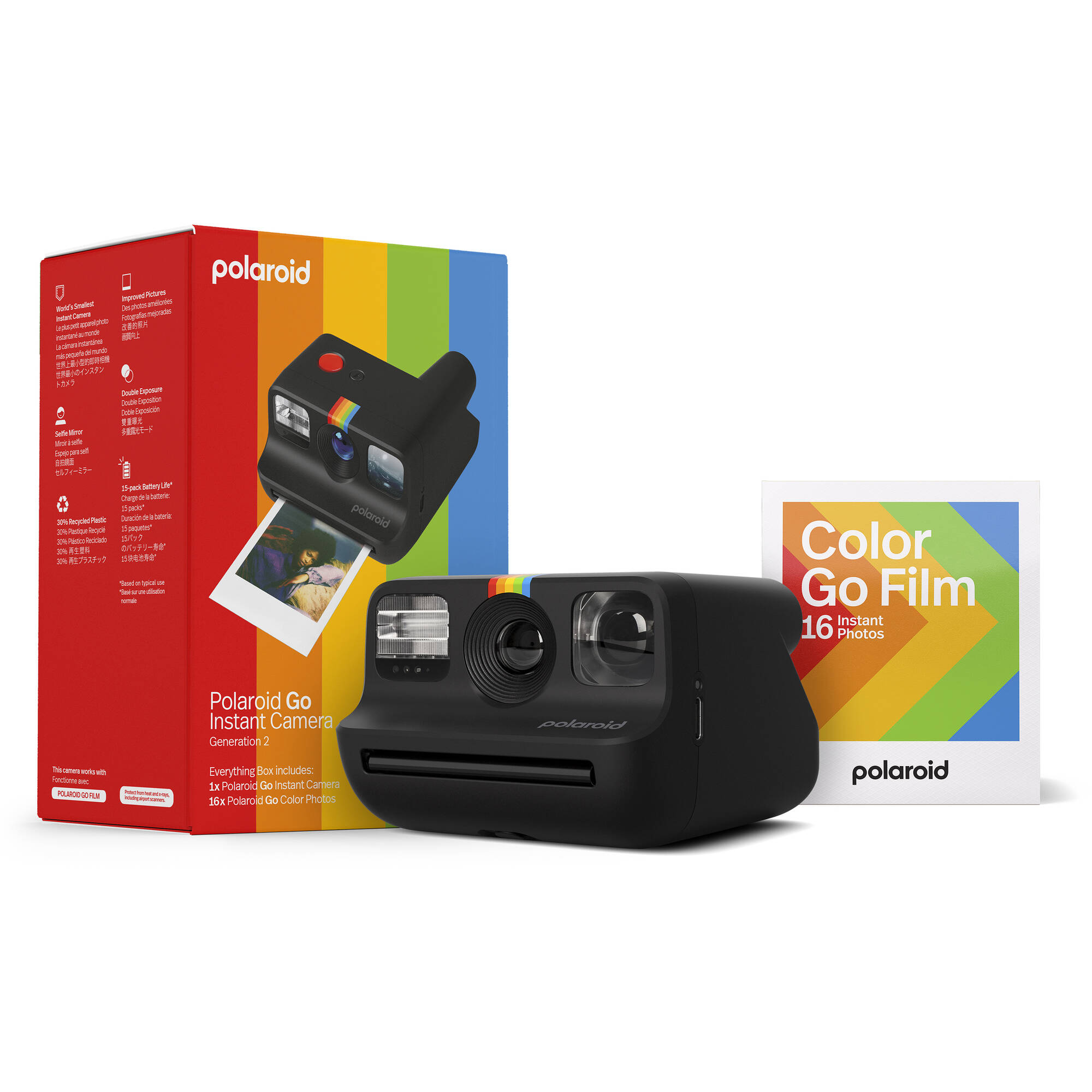 Polaroid Go Generation 2 Instant Film Camera Everything Box in black with retro design, larger aperture lens, self-timer, double exposure, selfie mirror, built-in flash, and rechargeable battery