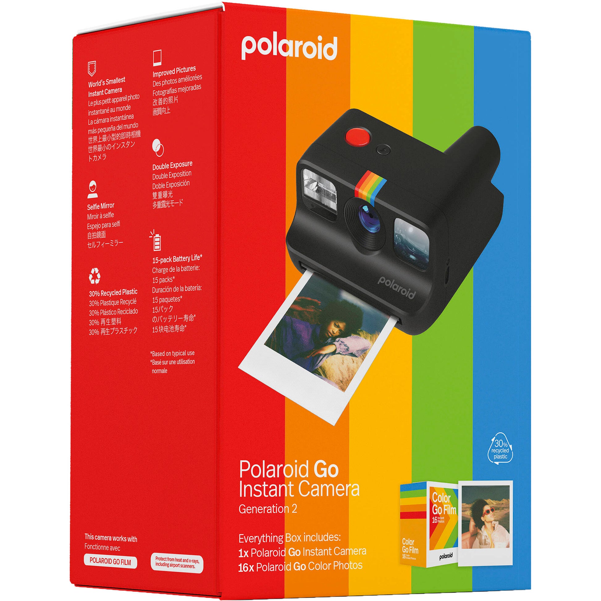 Polaroid Go Generation 2 Instant Film Camera Everything Box in black with retro design, larger aperture lens, self-timer, double exposure, selfie mirror, built-in flash, and rechargeable battery