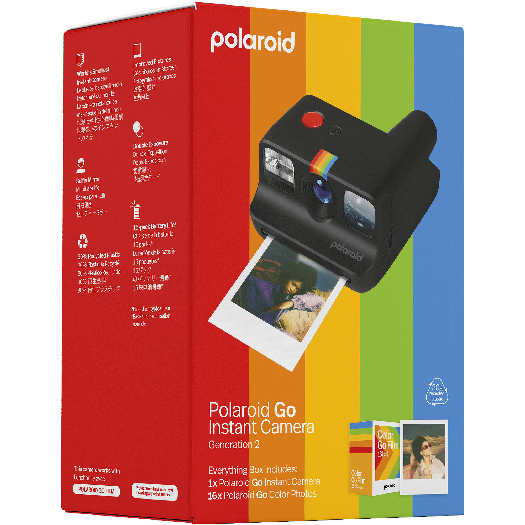 Polaroid Go Generation 2 Instant Film Camera Everything Box in black with retro design, larger aperture lens, self-timer, double exposure, selfie mirror, built-in flash, and rechargeable battery