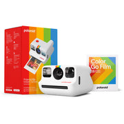 Polaroid Go Generation 2 Instant Film Camera Everything Box in white with retro design, larger aperture lens, selfie mirror, self-timer, double exposure, built-in flash, and rechargeable battery.