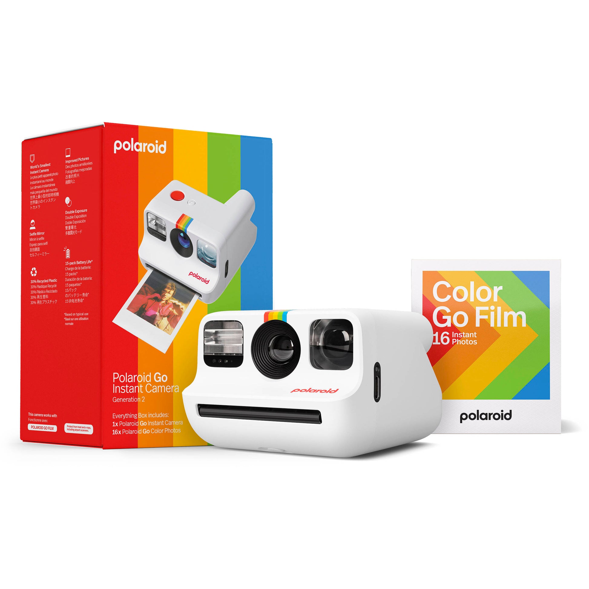 Polaroid Go Generation 2 Instant Film Camera Everything Box in white with retro design, larger aperture lens, selfie mirror, self-timer, double exposure, built-in flash, and rechargeable battery.