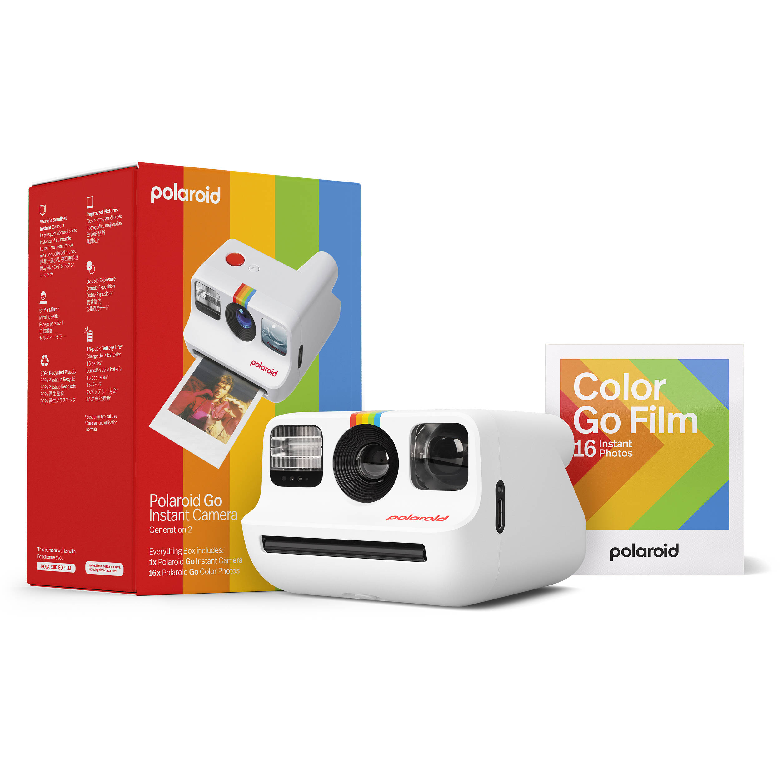 Polaroid Go Generation 2 Instant Film Camera Everything Box in white with retro design, larger aperture lens, selfie mirror, self-timer, double exposure, built-in flash, and rechargeable battery.