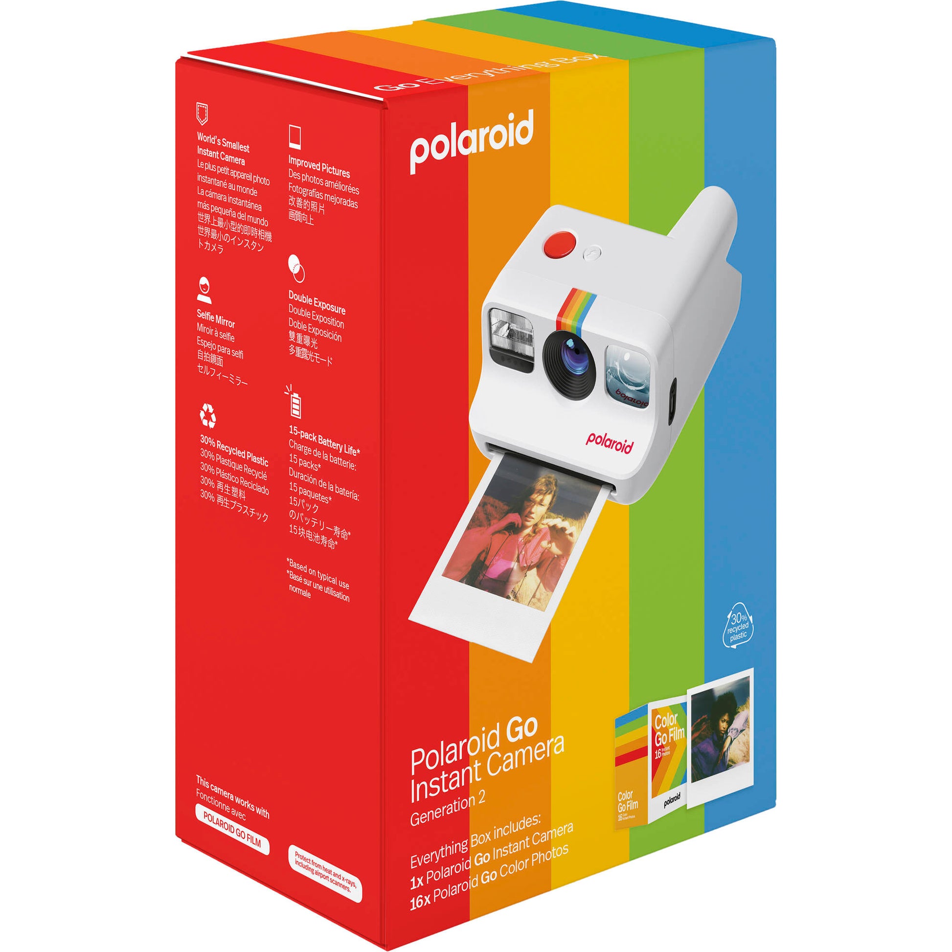 Polaroid Go Generation 2 Instant Film Camera Everything Box in white with retro design, larger aperture lens, selfie mirror, self-timer, double exposure, built-in flash, and rechargeable battery.