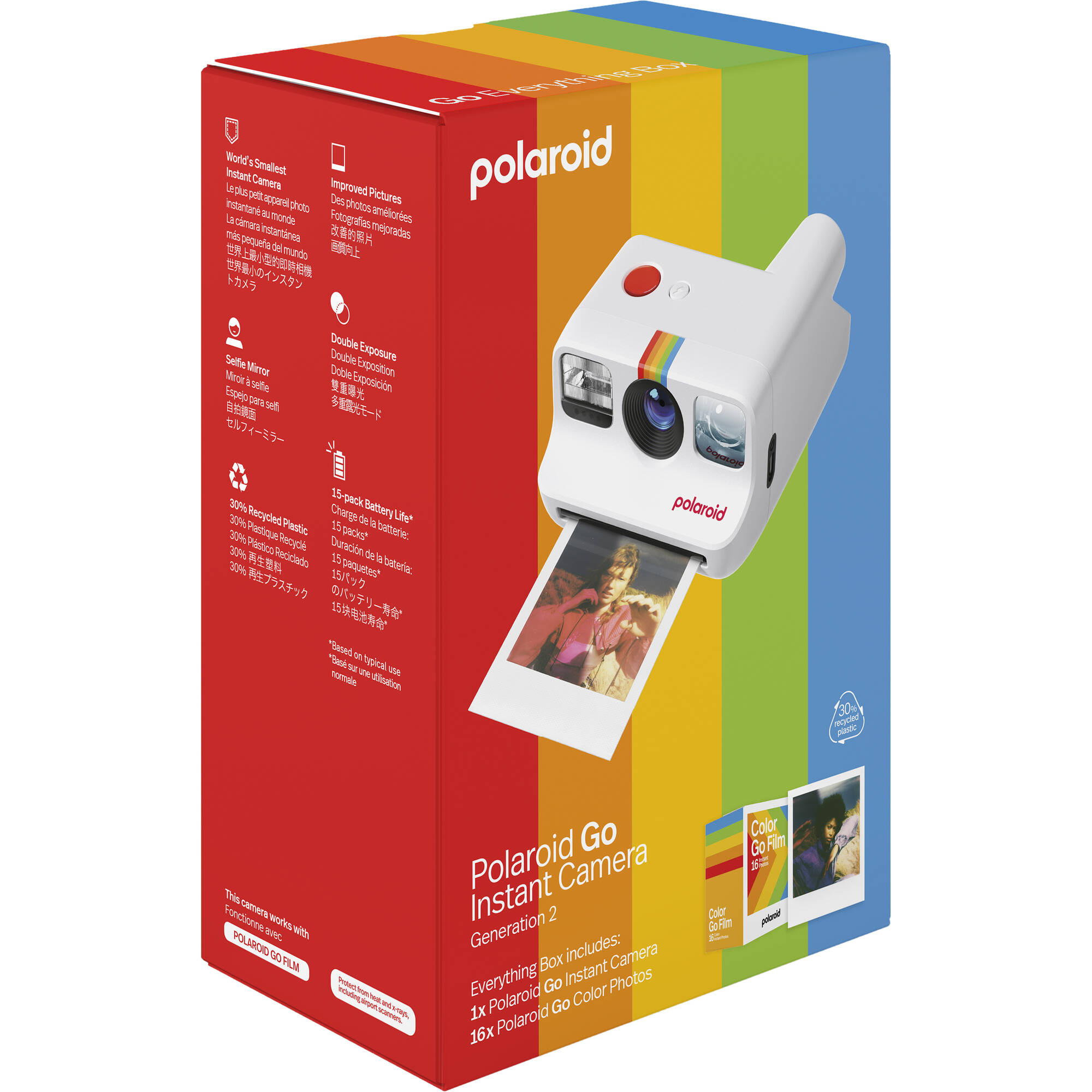Polaroid Go Generation 2 Instant Film Camera Everything Box in white with retro design, larger aperture lens, selfie mirror, self-timer, double exposure, built-in flash, and rechargeable battery.