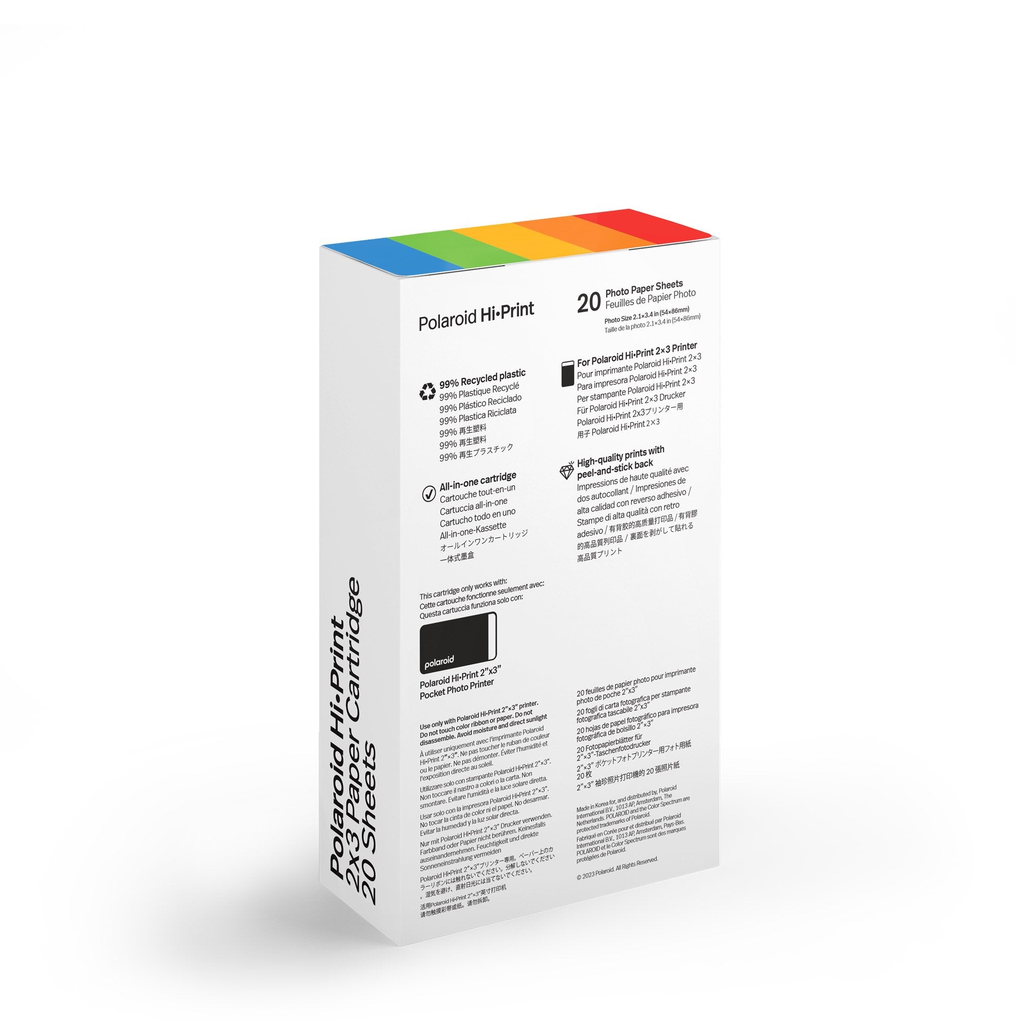 Polaroid Hi-Print 2x3 Paper Cartridge Gen 2 with 20 sticky-back photo sheets (10 per cartridge), made from 99% recycled materials, 54 x 86 mm size, for Polaroid Hi-Print Pocket Photo Printer.