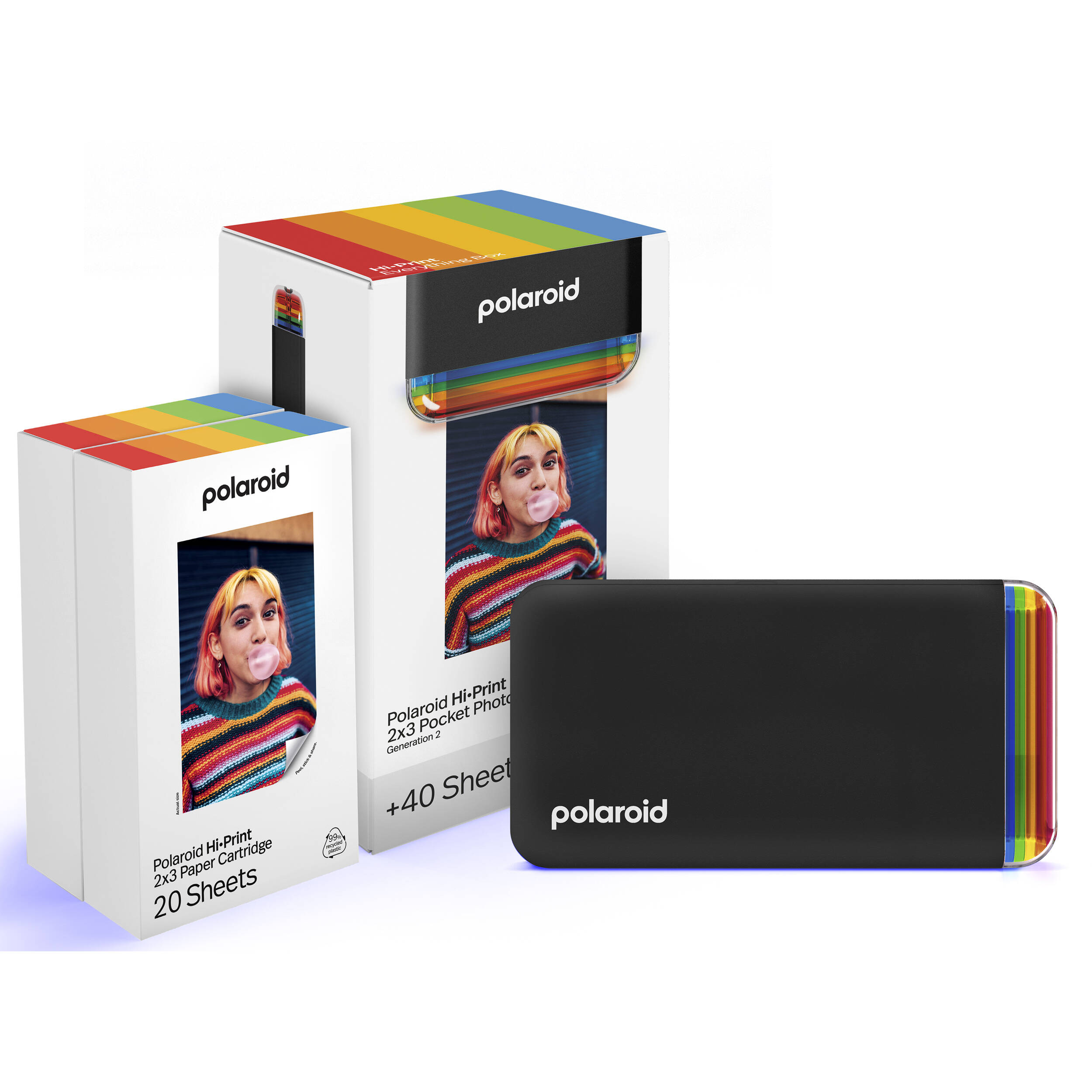 Polaroid Hi-Print 2x3 Pocket Photo Printer Gen 2 Everything Box in black, Bluetooth-enabled with rechargeable 620mAh battery, dye sublimation printing, 291 dpi resolution, prints 2.1 x 3.4 inch sticky-back photos, made with 30% recycled materials, includes 2 paper cartridges (40 sheets).