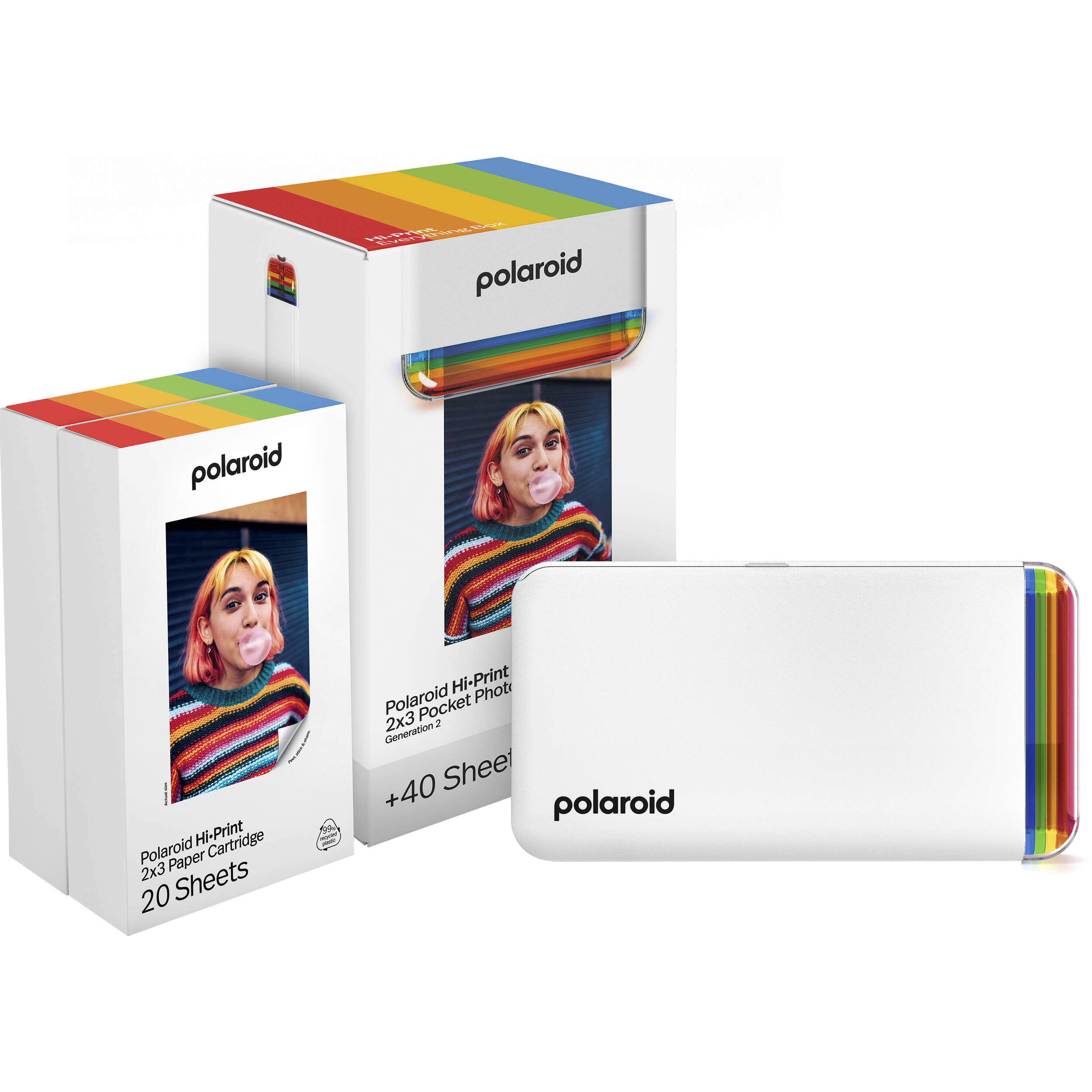 Polaroid Hi-Print 2x3 Pocket Photo Printer Gen 2 in white, Bluetooth-enabled with rechargeable lithium-ion battery, dye sublimation printing on 2.1 x 3.4 inch self-adhesive photo paper, compatible with iPhone and Android.