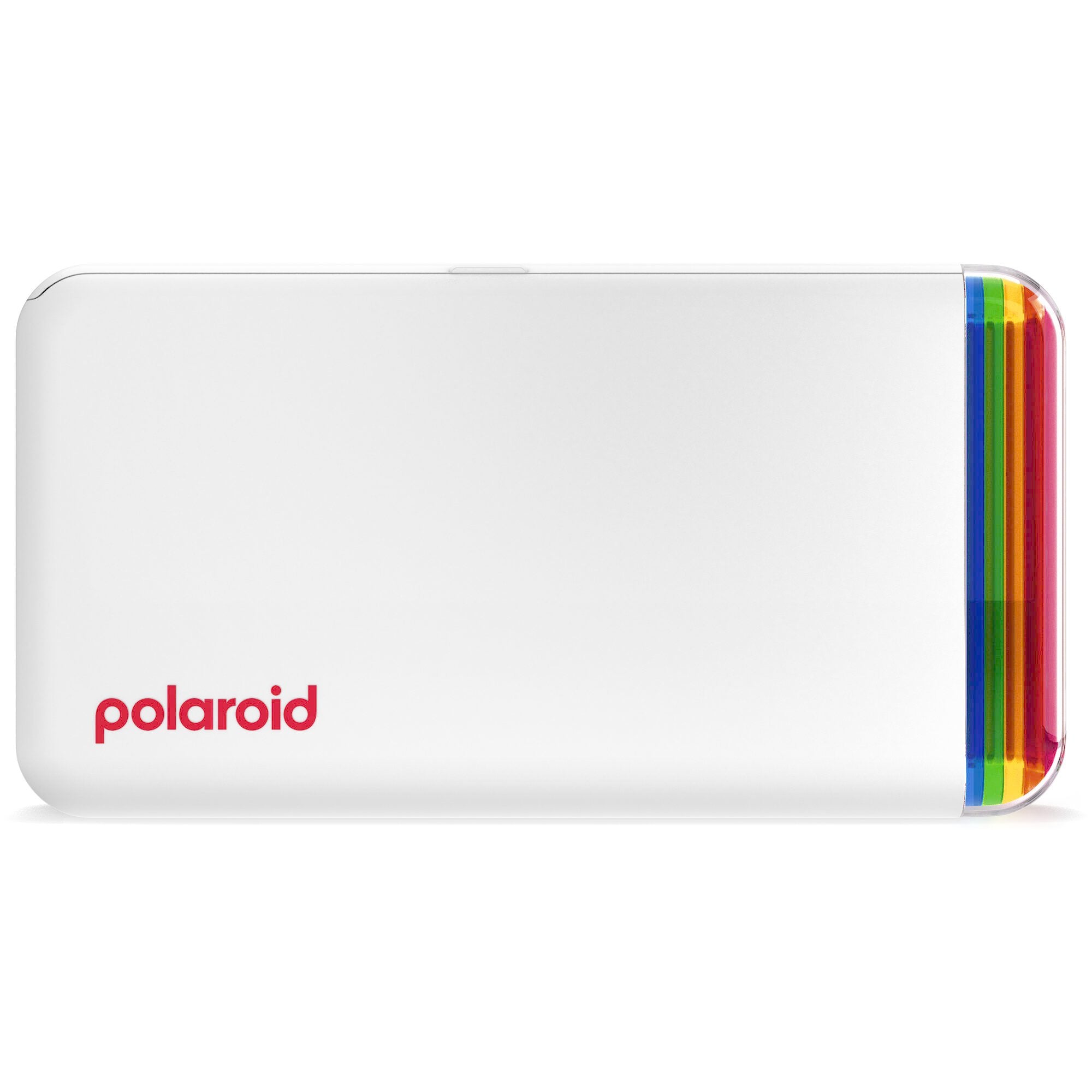 Polaroid Hi-Print 2x3 Pocket Photo Printer Gen 2 in white, Bluetooth-enabled with rechargeable lithium-ion battery, dye sublimation printing on 2.1 x 3.4 inch self-adhesive photo paper, compatible with iPhone and Android.