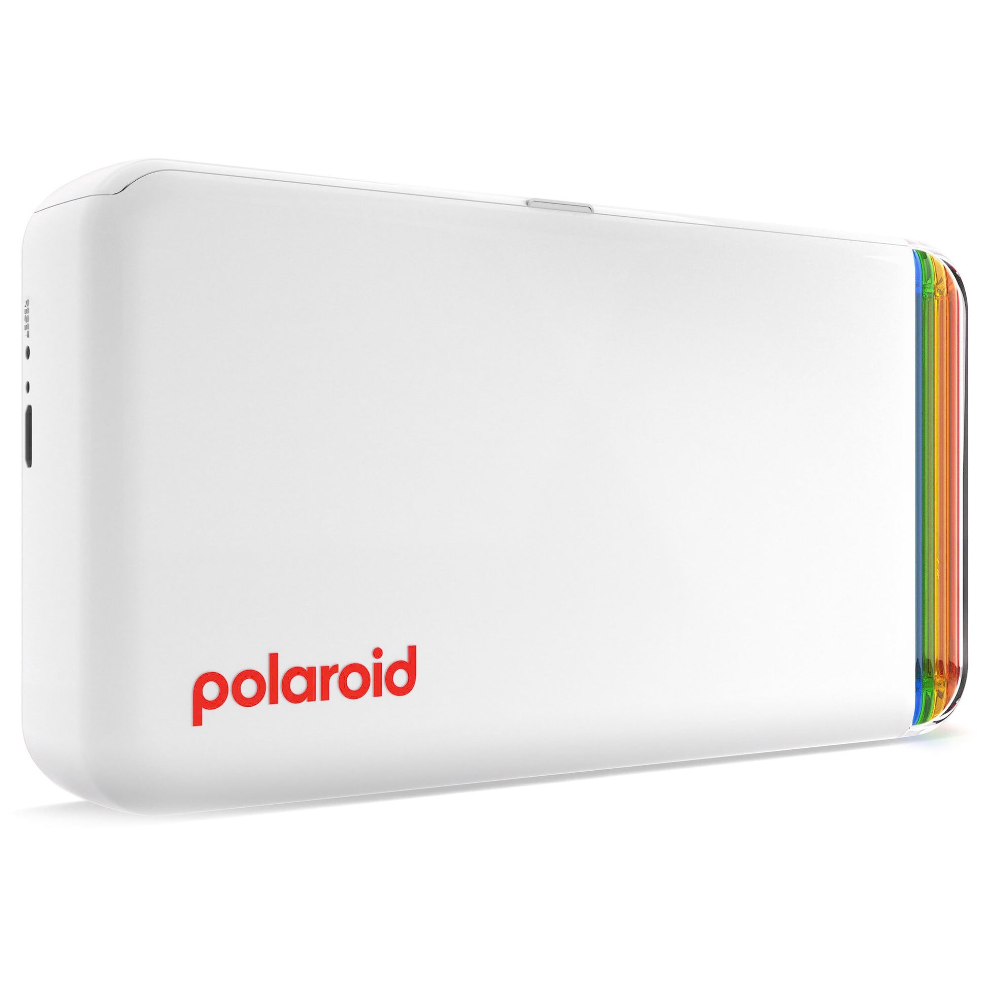 Polaroid Hi-Print 2x3 Pocket Photo Printer Gen 2 in white, Bluetooth-enabled with rechargeable lithium-ion battery, dye sublimation printing on 2.1 x 3.4 inch self-adhesive photo paper, compatible with iPhone and Android.
