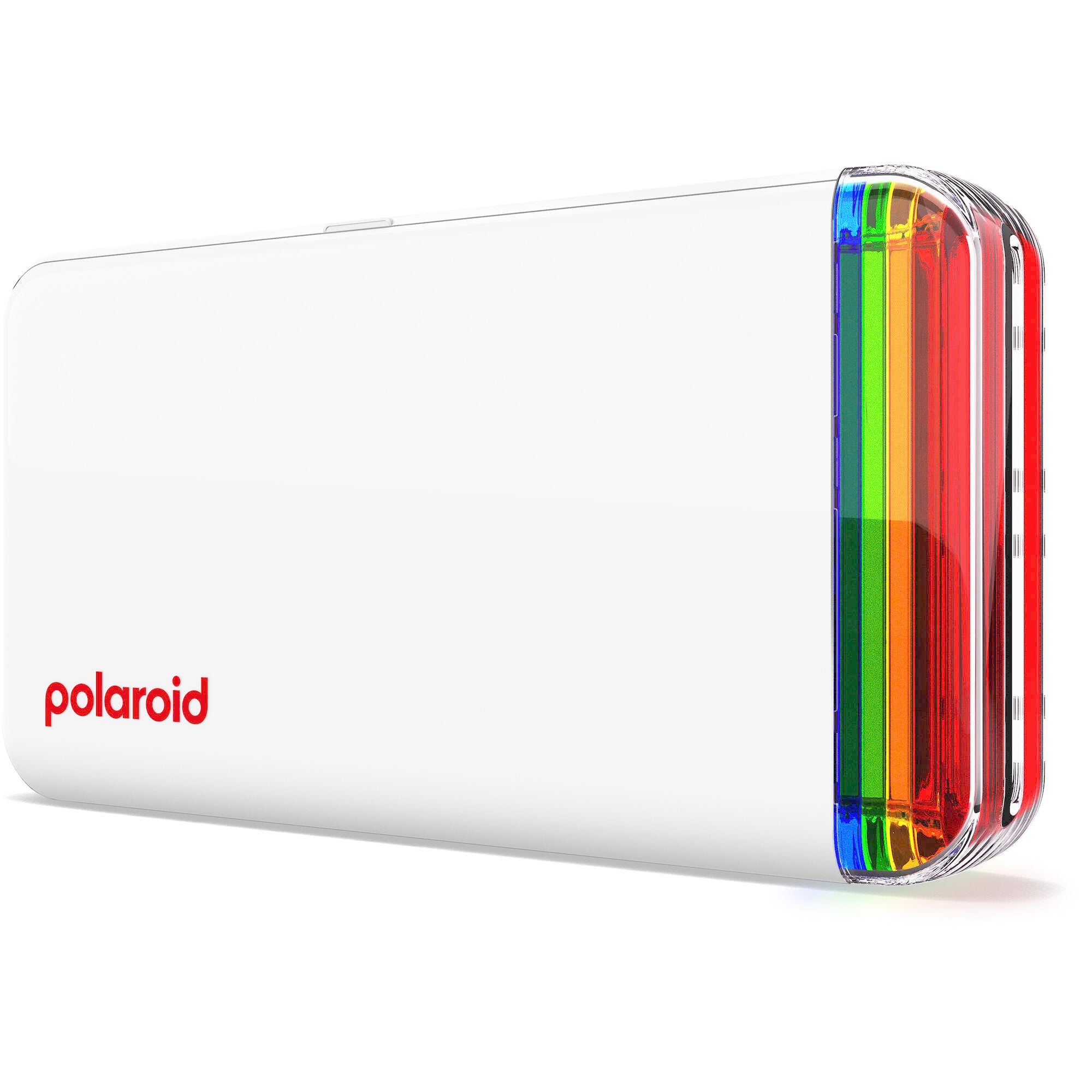 Polaroid Hi-Print 2x3 Pocket Photo Printer Gen 2 in white, Bluetooth-enabled with rechargeable lithium-ion battery, dye sublimation printing on 2.1 x 3.4 inch self-adhesive photo paper, compatible with iPhone and Android.