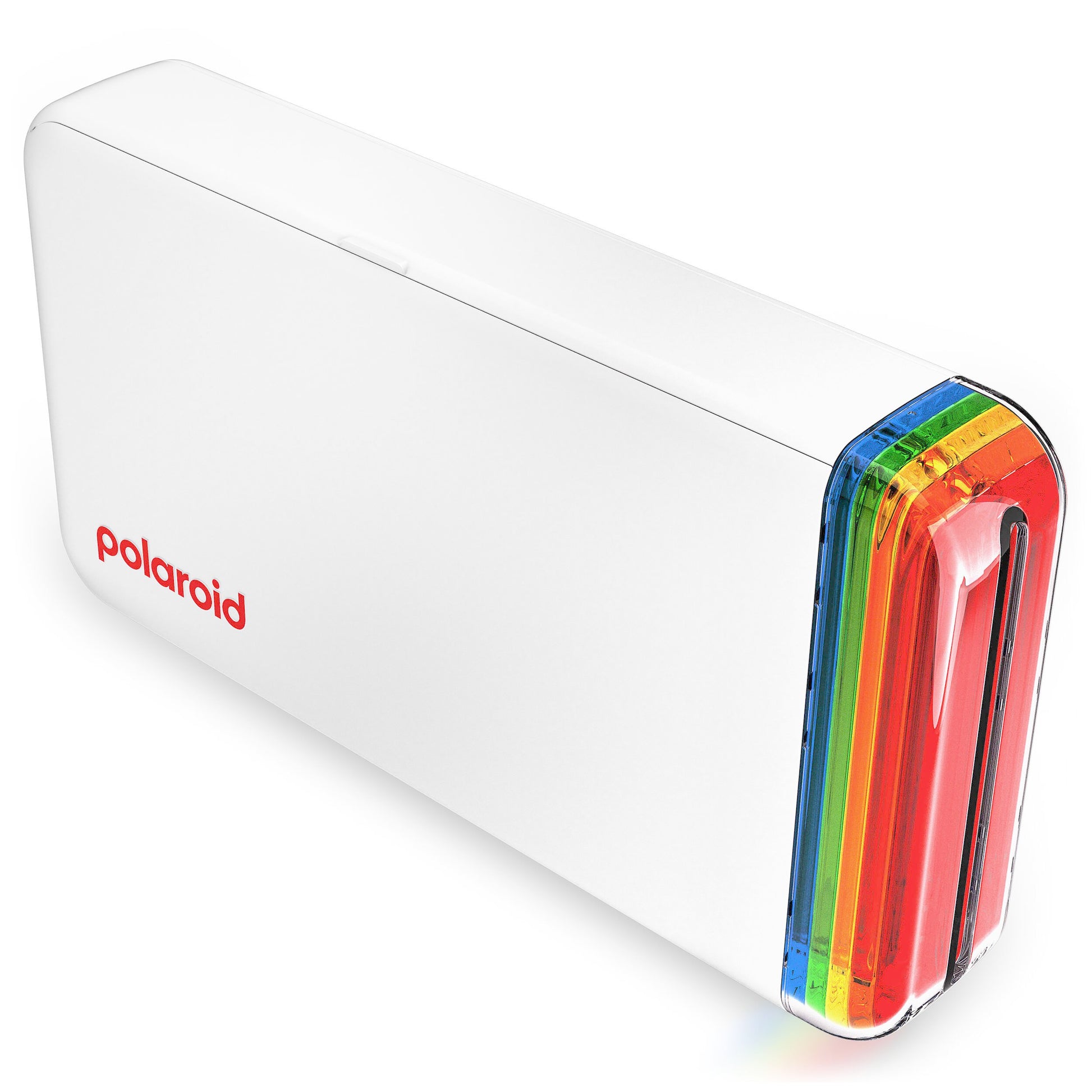 Polaroid Hi-Print 2x3 Pocket Photo Printer Gen 2 in white, Bluetooth-enabled with rechargeable lithium-ion battery, dye sublimation printing on 2.1 x 3.4 inch self-adhesive photo paper, compatible with iPhone and Android.
