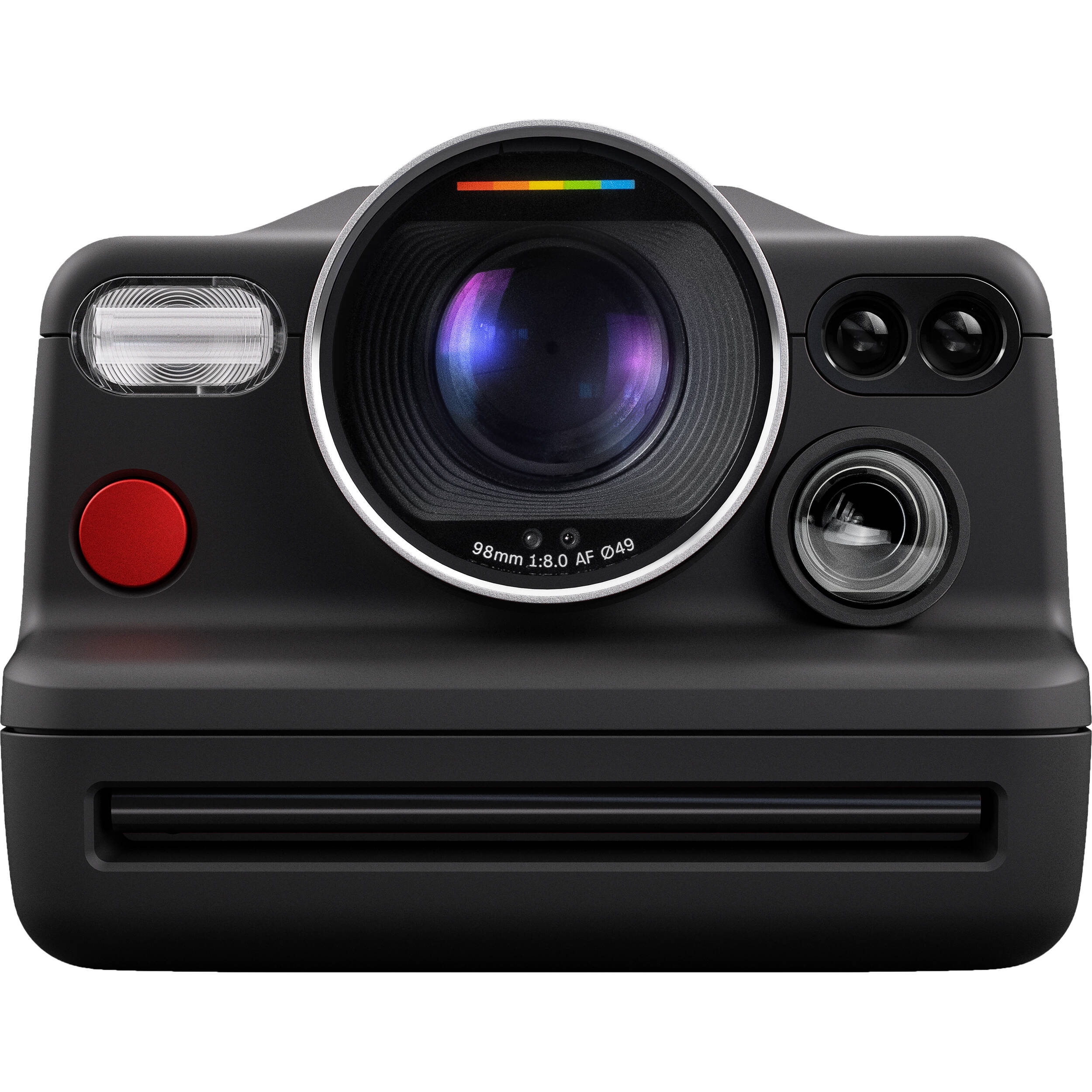 Polaroid I-2 Instant Camera with 98mm f/8 lens, LiDAR autofocus, manual and auto exposure modes, built-in flash, Bluetooth remote control, optical viewfinder with LCD info display, rechargeable battery, and robust aluminum alloy body.