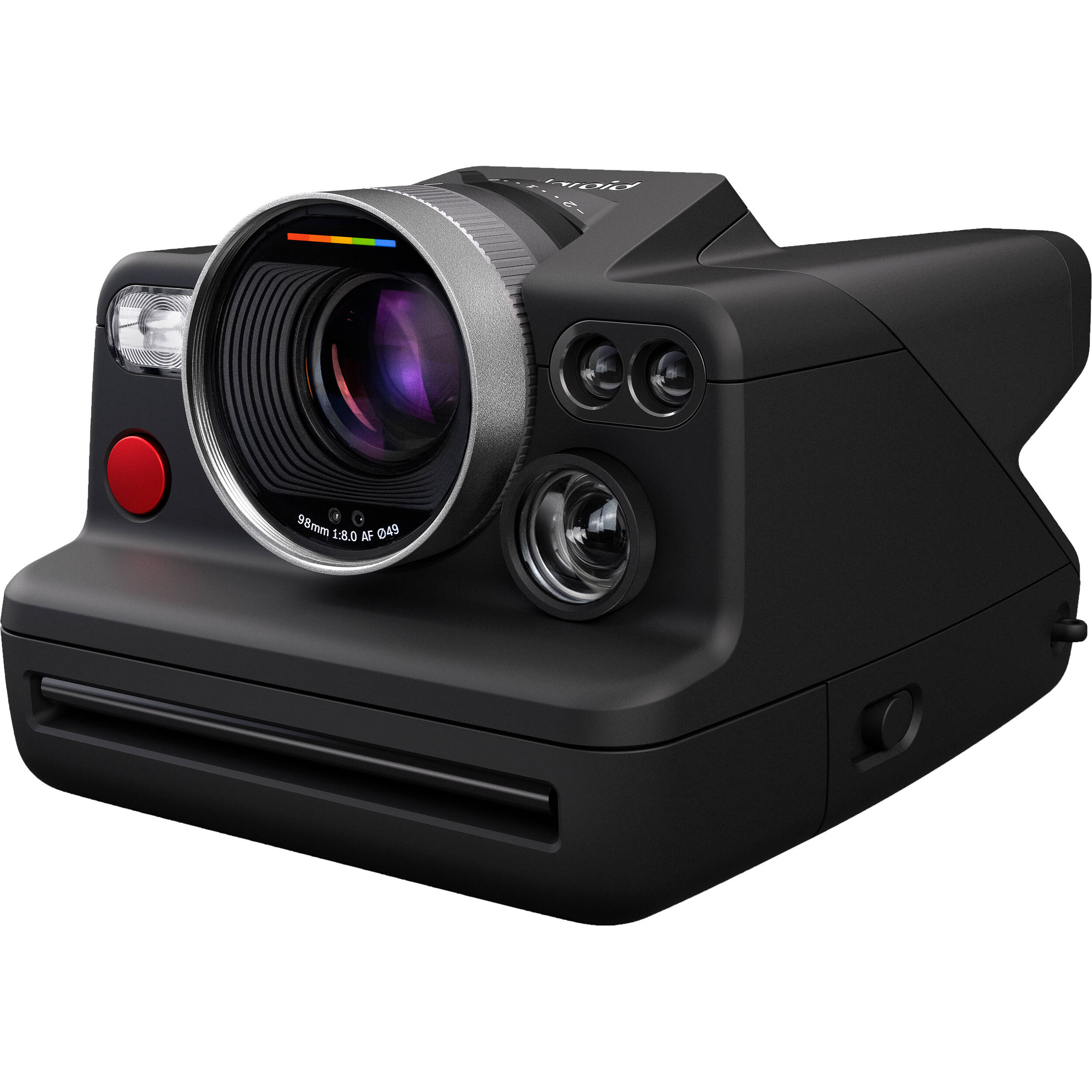 Polaroid I-2 Instant Camera with 98mm f/8 lens, LiDAR autofocus, manual and auto exposure modes, built-in flash, Bluetooth remote control, optical viewfinder with LCD info display, rechargeable battery, and robust aluminum alloy body.
