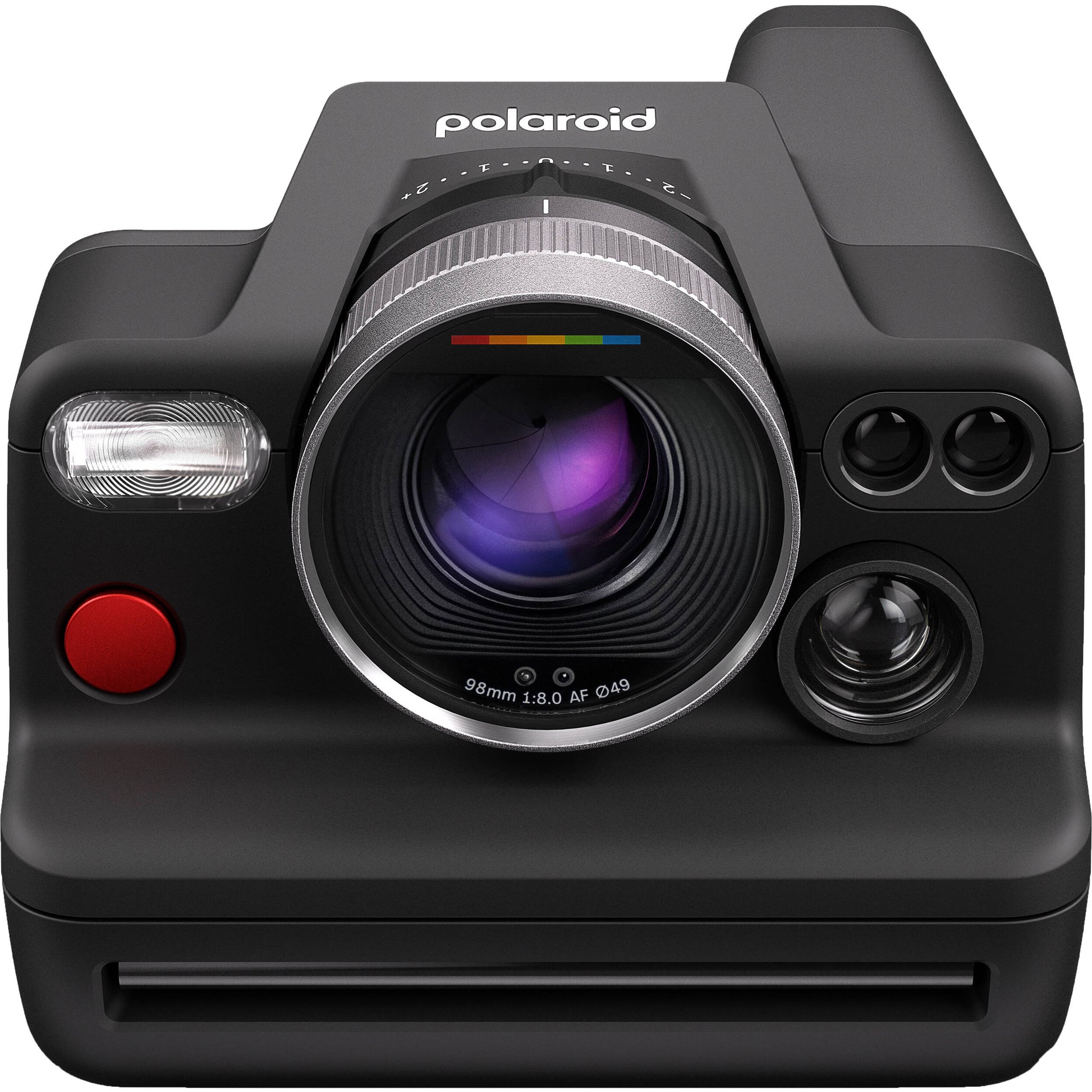 Polaroid I-2 Instant Camera with 98mm f/8 lens, LiDAR autofocus, manual and auto exposure modes, built-in flash, Bluetooth remote control, optical viewfinder with LCD info display, rechargeable battery, and robust aluminum alloy body.