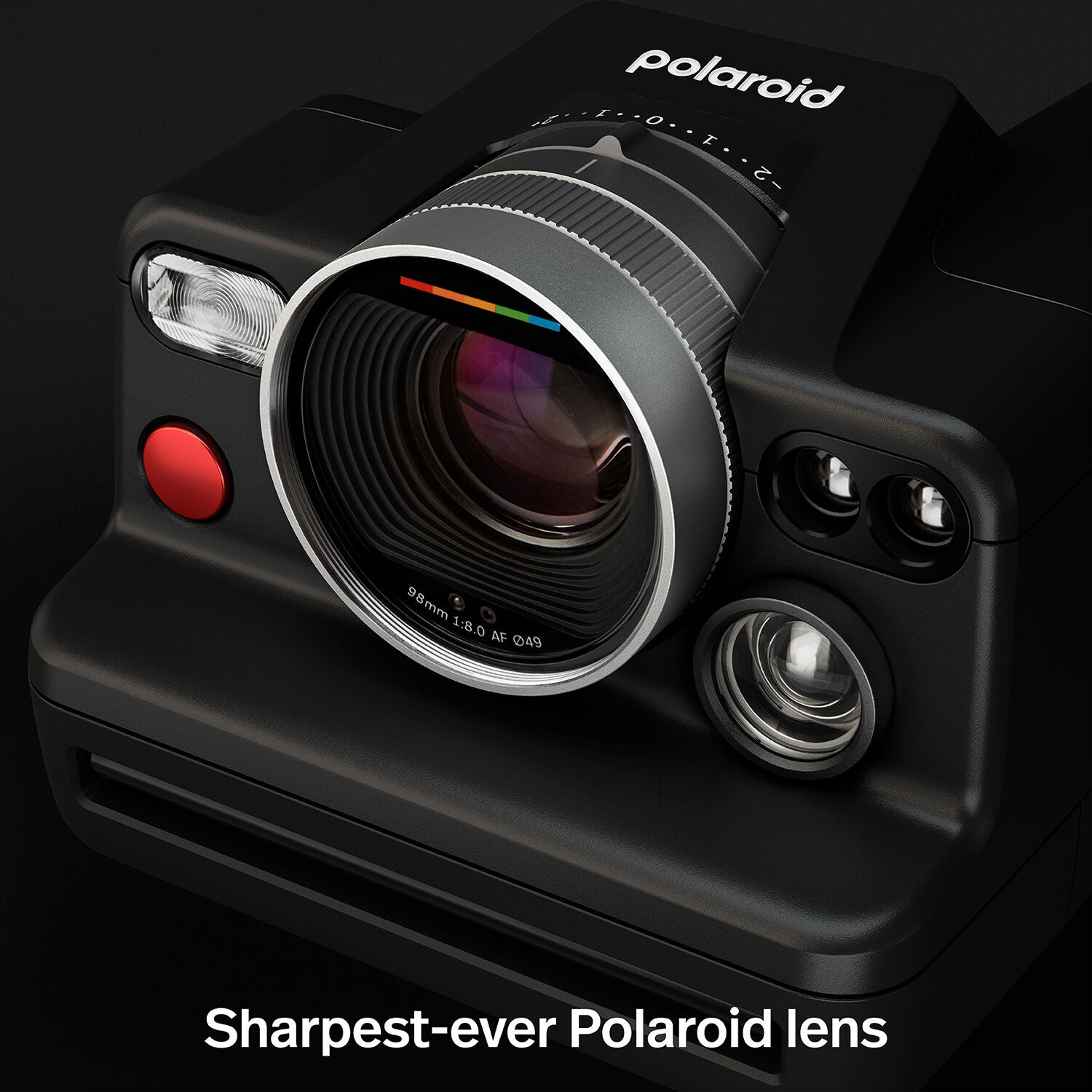 Polaroid I-2 Instant Camera with 98mm f/8 lens, LiDAR autofocus, manual and auto exposure modes, built-in flash, Bluetooth remote control, optical viewfinder with LCD info display, rechargeable battery, and robust aluminum alloy body.