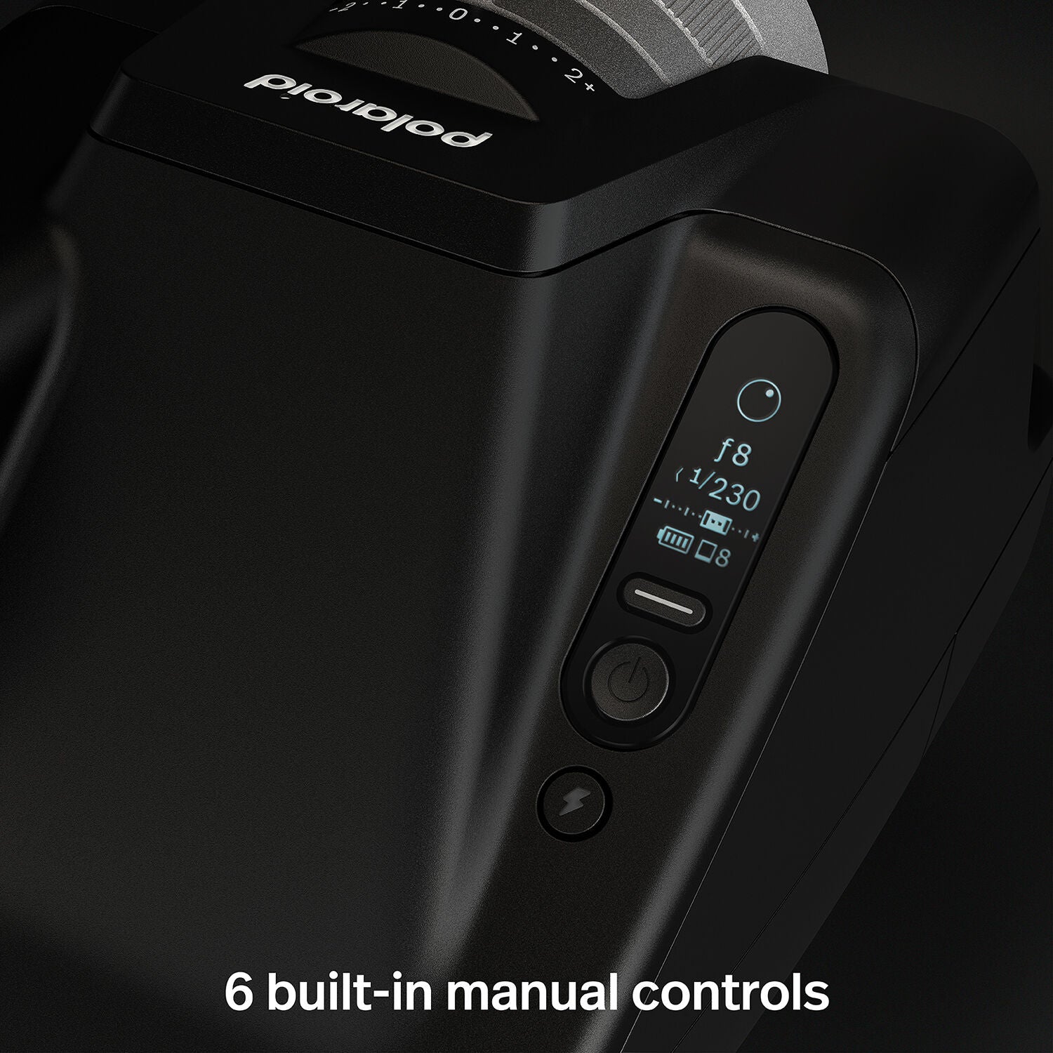 Polaroid I-2 Instant Camera with 98mm f/8 lens, LiDAR autofocus, manual and auto exposure modes, built-in flash, Bluetooth remote control, optical viewfinder with LCD info display, rechargeable battery, and robust aluminum alloy body.