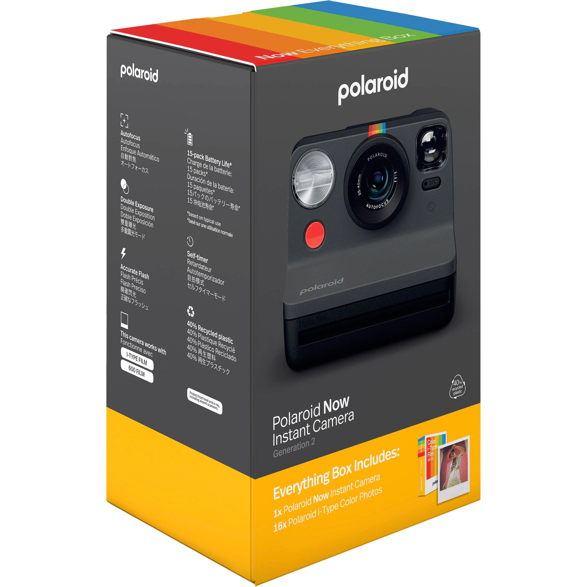 Polaroid Now Generation 2 i-Type Instant Camera Everything Box in black with 2-lens autofocus, self-timer, double exposure mode, built-in flash, rechargeable battery, includes wrist strap, USB-C cable, and 16-exposure Polaroid i-Type color film.