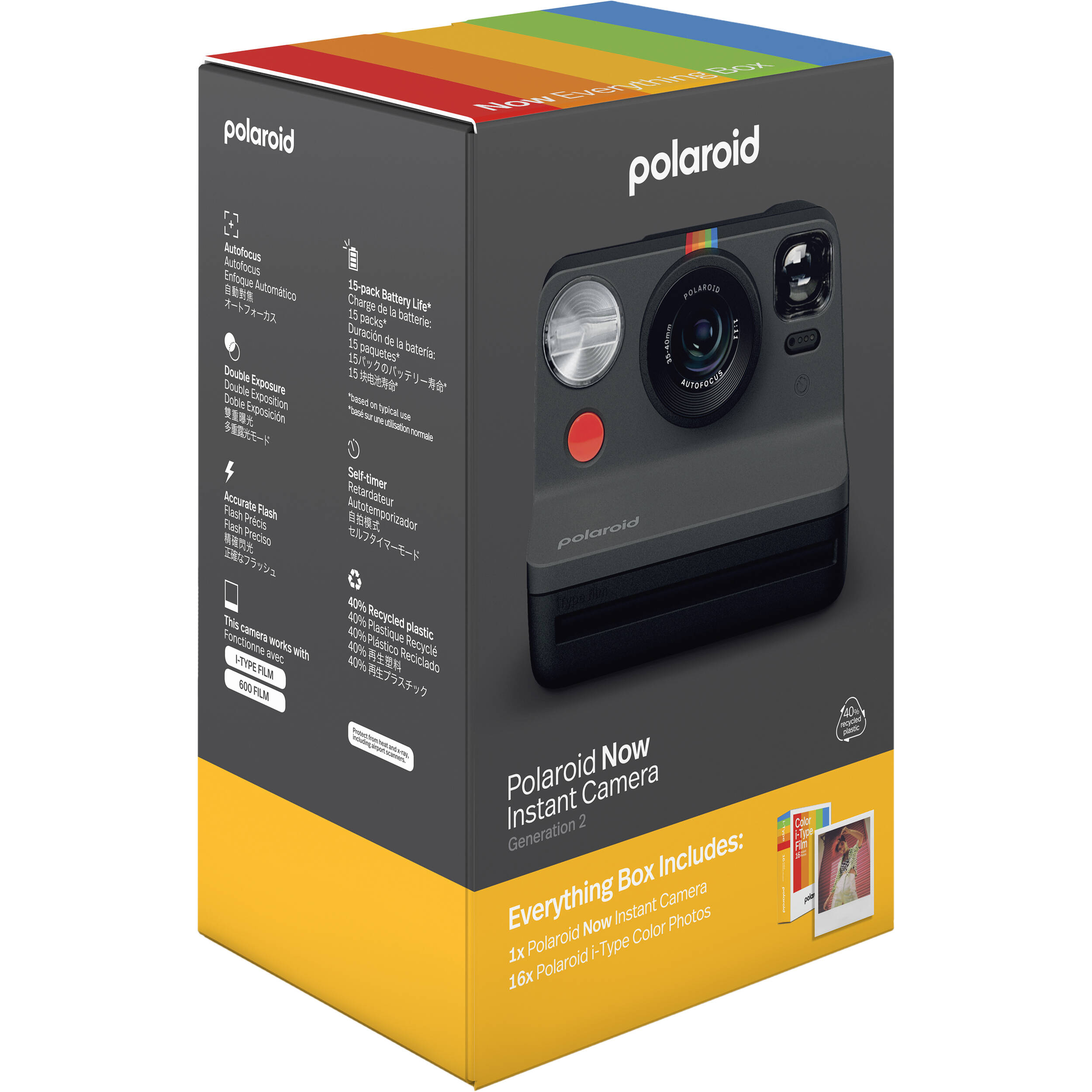 Polaroid Now Generation 2 i-Type Instant Camera Everything Box in black with 2-lens autofocus, self-timer, double exposure mode, built-in flash, rechargeable battery, includes wrist strap, USB-C cable, and 16-exposure Polaroid i-Type color film.