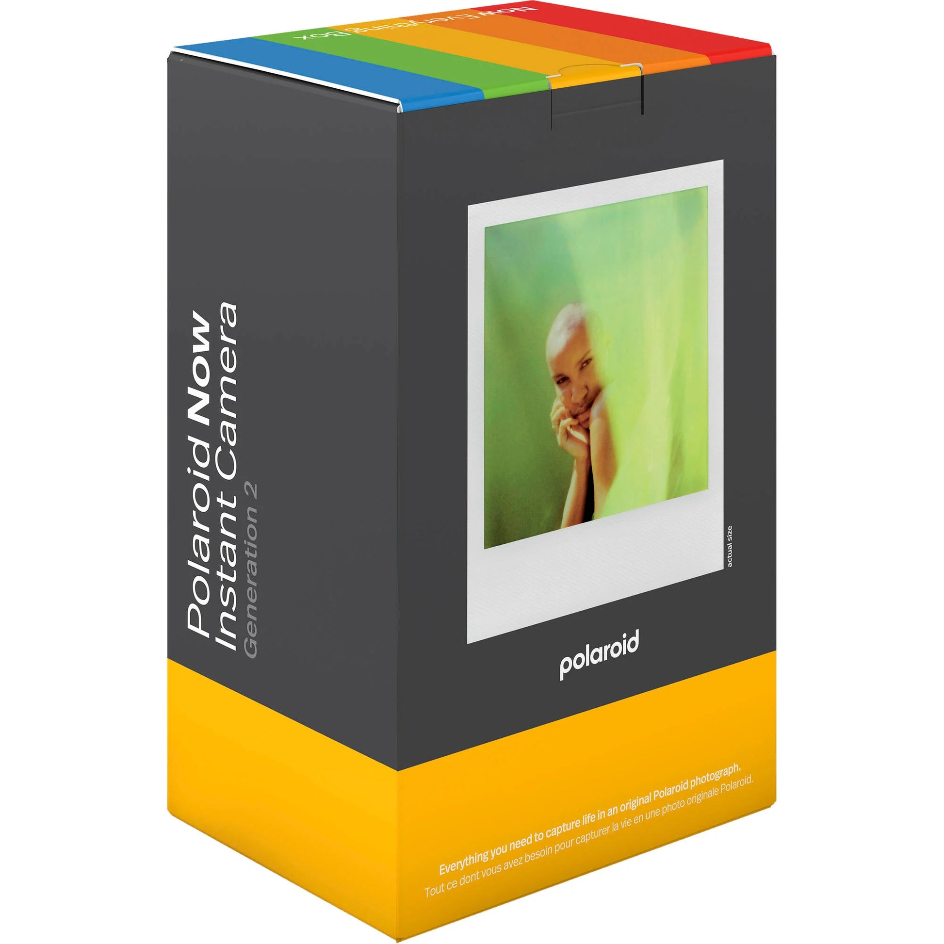 Polaroid Now Generation 2 i-Type Instant Camera Everything Box in black with 2-lens autofocus, self-timer, double exposure mode, built-in flash, rechargeable battery, includes wrist strap, USB-C cable, and 16-exposure Polaroid i-Type color film.